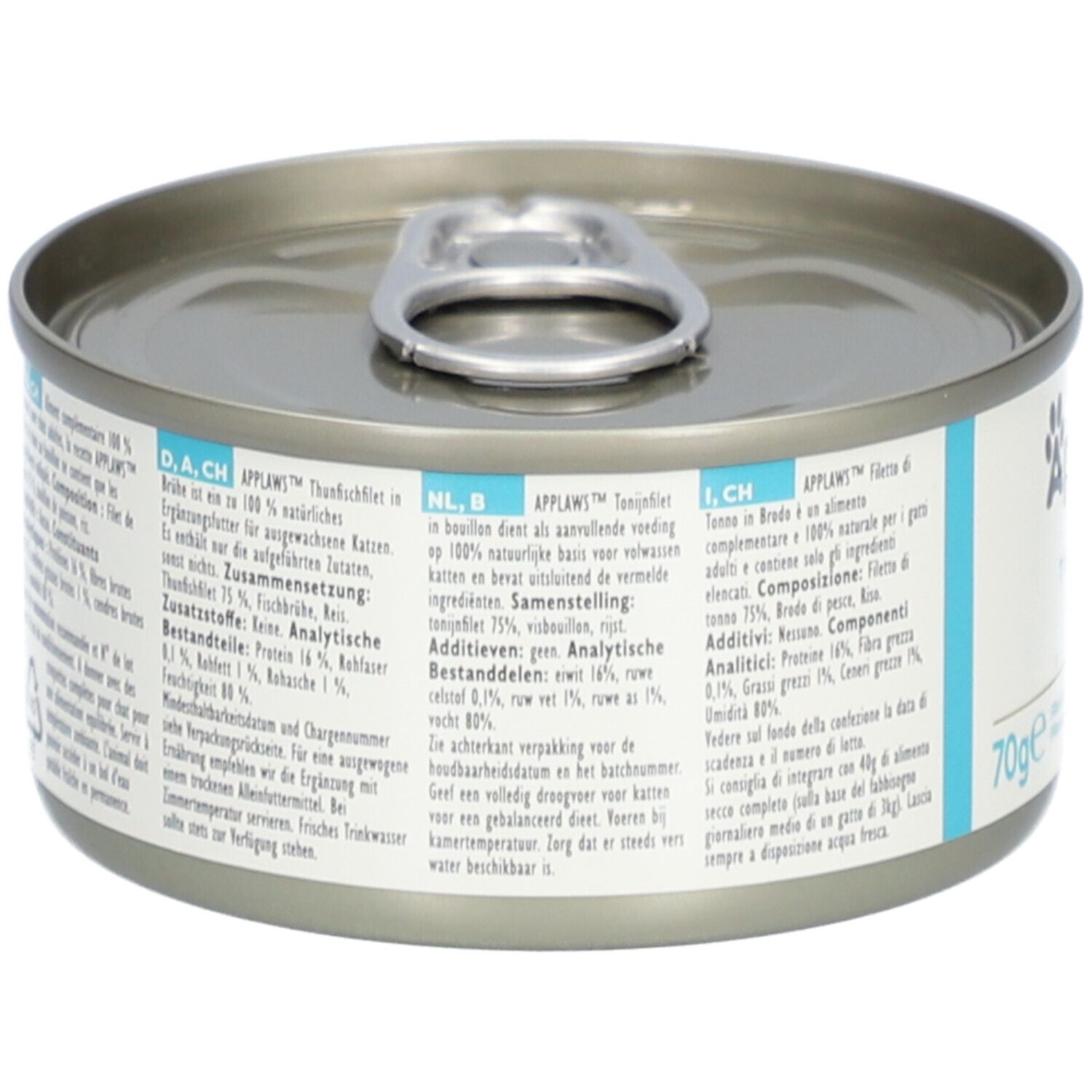 Dos d'une boîte de 70g de nourriture pour chats Applaws Filet de thon en bouillon avec liste d'ingrédients.