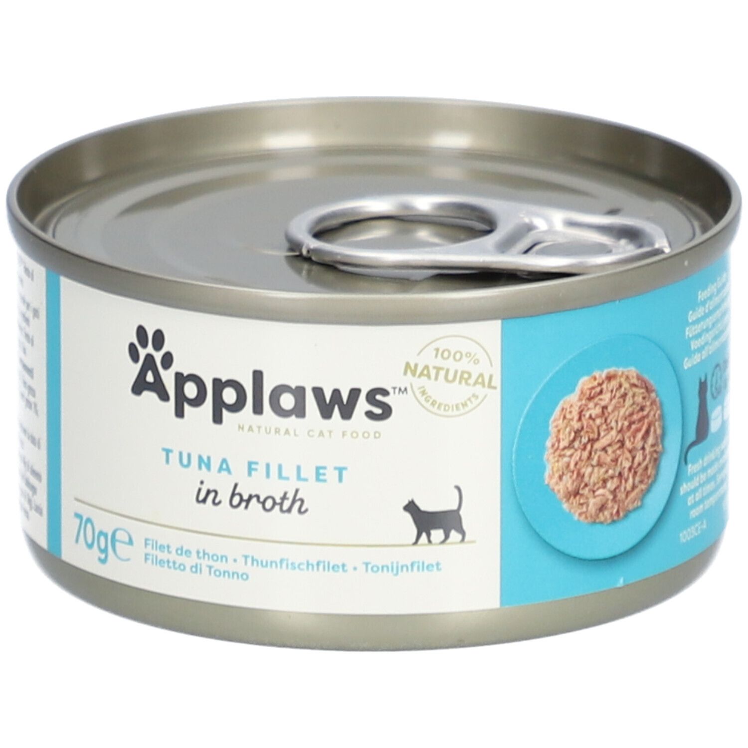 Dos d'une boîte de 70g de nourriture pour chats Applaws Filet de thon en bouillon avec informations multilingues.