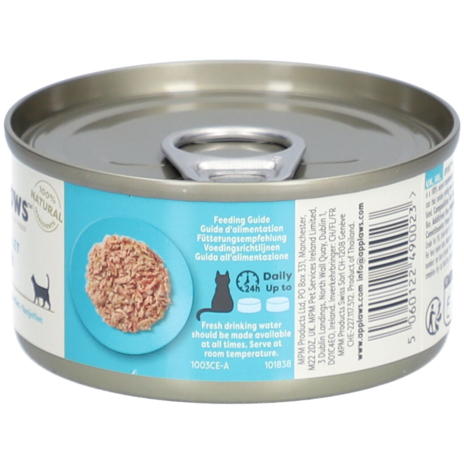 Dos d'une boîte de 70g de nourriture pour chats Applaws Filet de thon en bouillon avec guide d'alimentation.