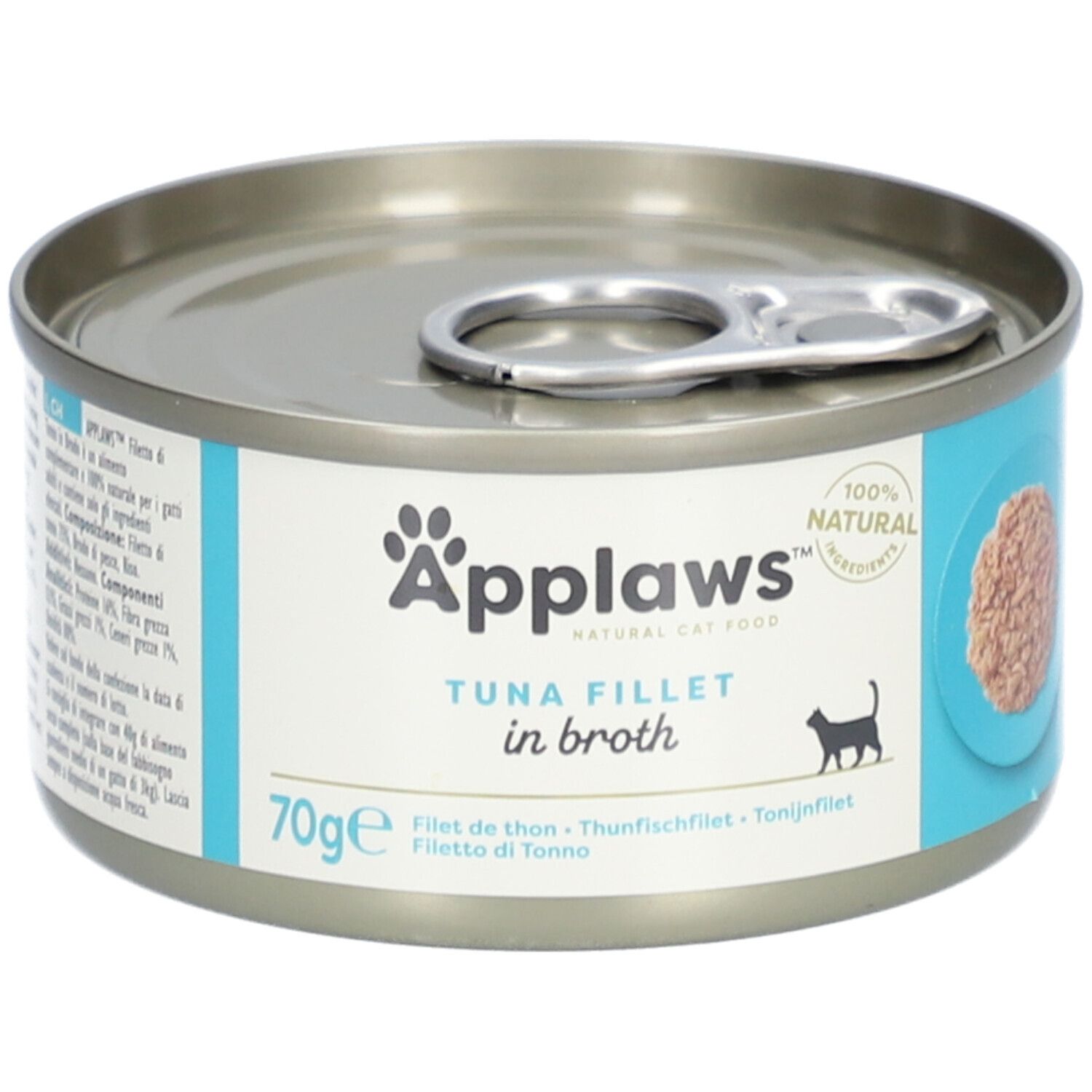 Nourriture pour chats Applaws : Filet de thon en bouillon, boîte de 70g avec languette d'ouverture.