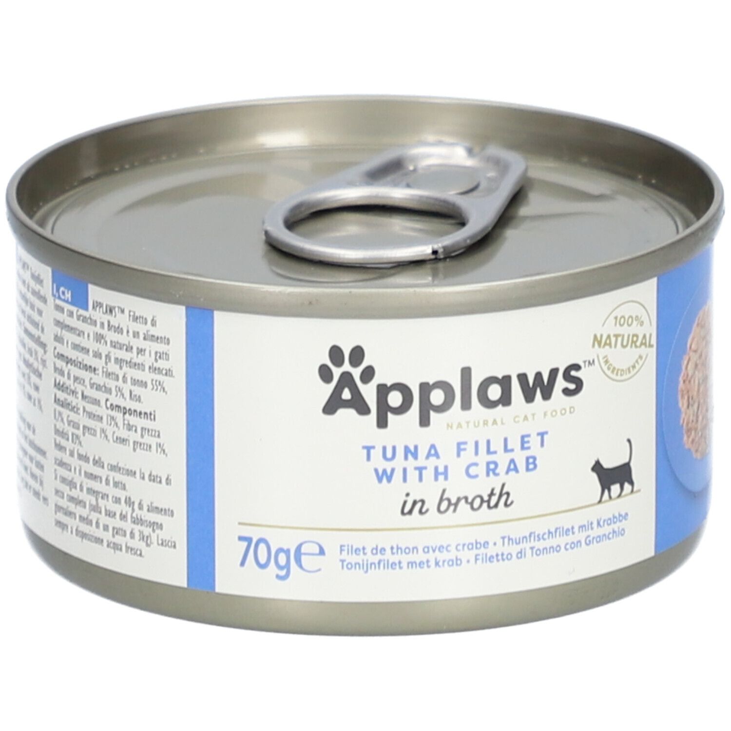 Boîte Applaws™ de filets de thon et crabe en bouillon. 70g. Étiquettes bleues et blanches. Ingrédients 100% naturels.