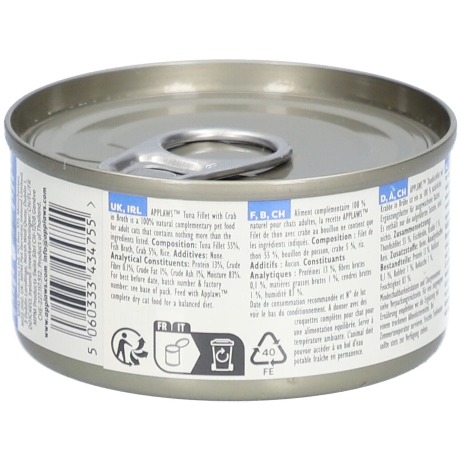 Boîte Applaws™ de filets de thon et crabe en bouillon. Détail des ingrédients et informations nutritionnelles.