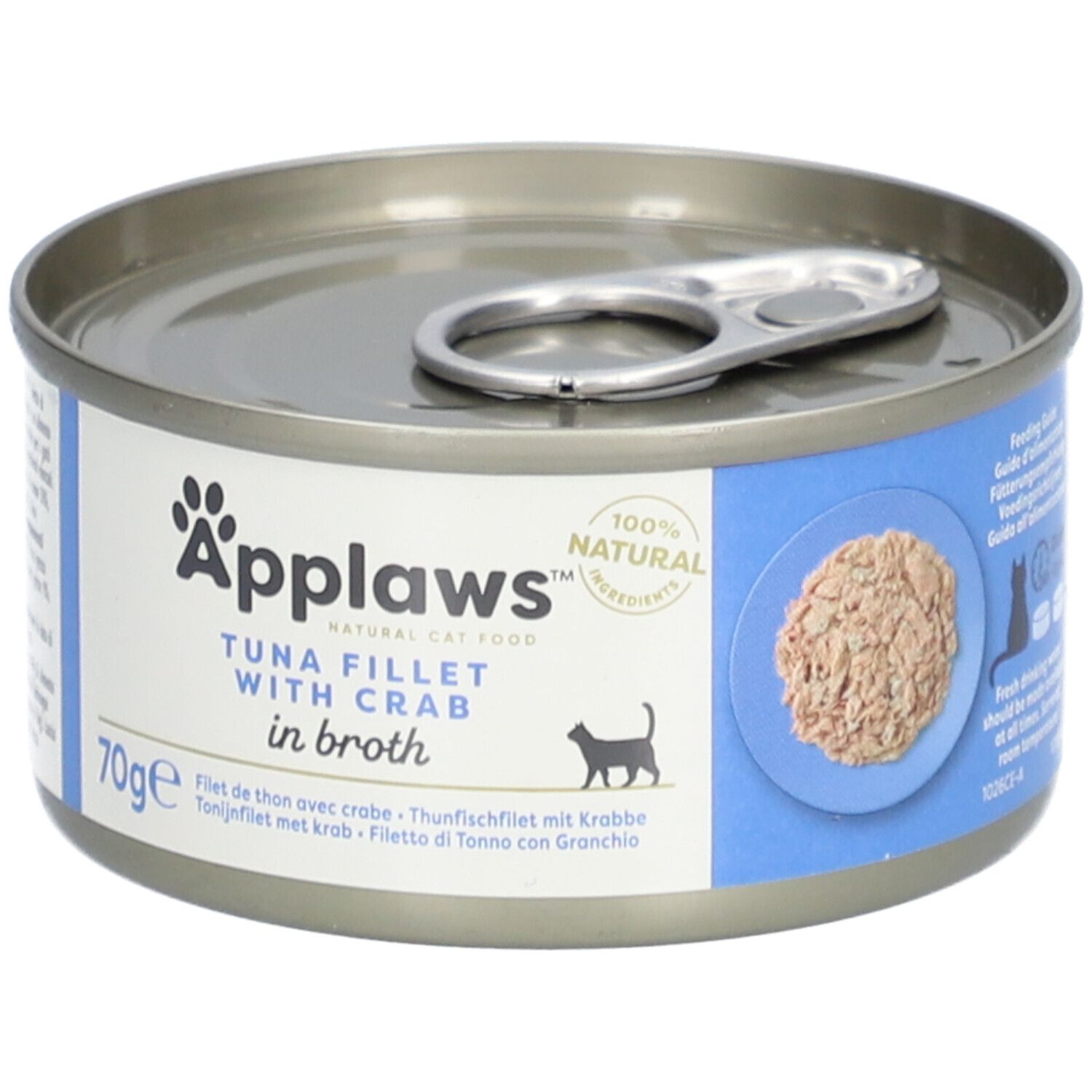 Boîte Applaws™ de filets de thon et crabe en bouillon. 70g. Vue du produit avec son contenu. Ingrédients 100% naturels.