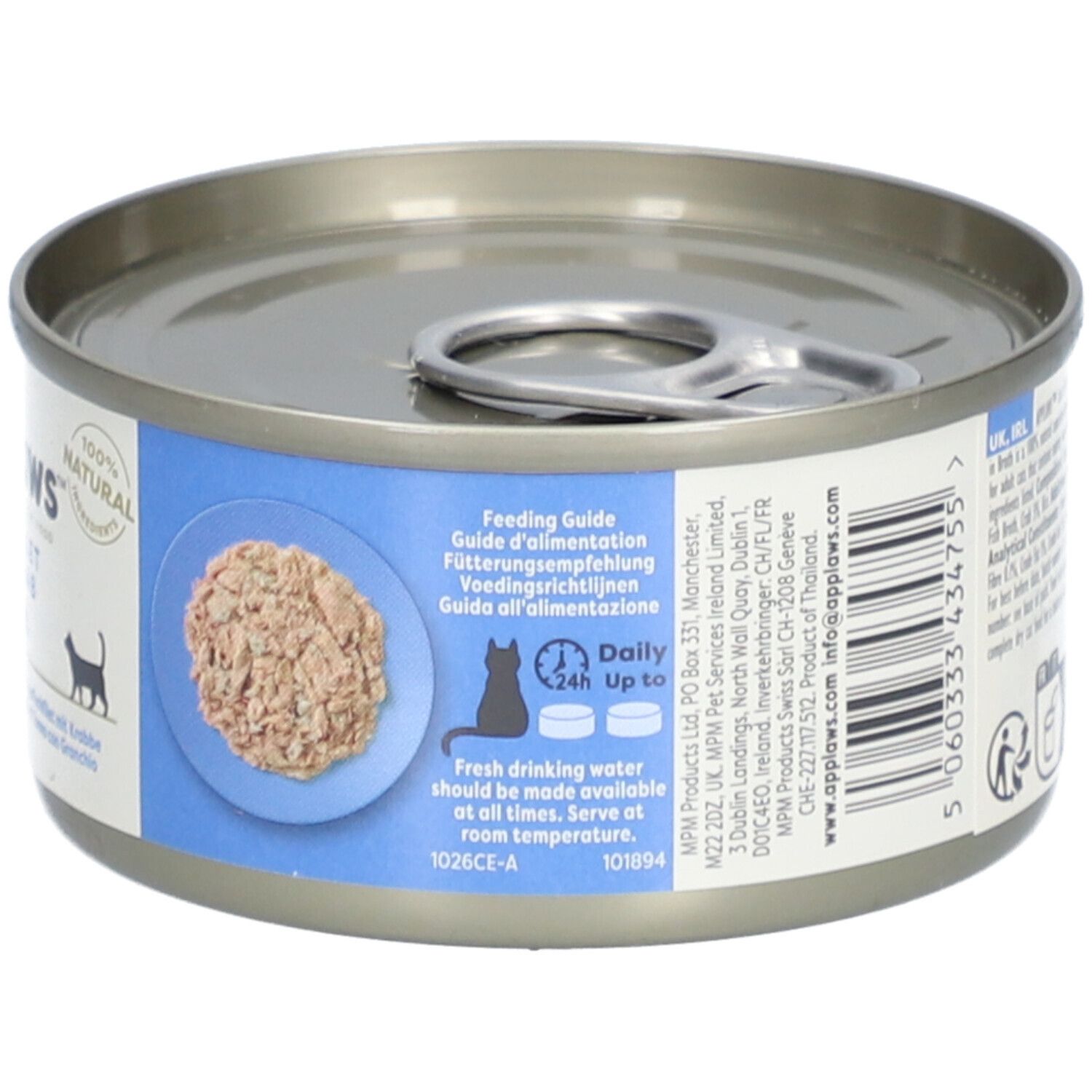 Boîte Applaws™ de filets de thon et crabe en bouillon. 70g. Vue du produit avec son contenu. Conseils d'alimentation.