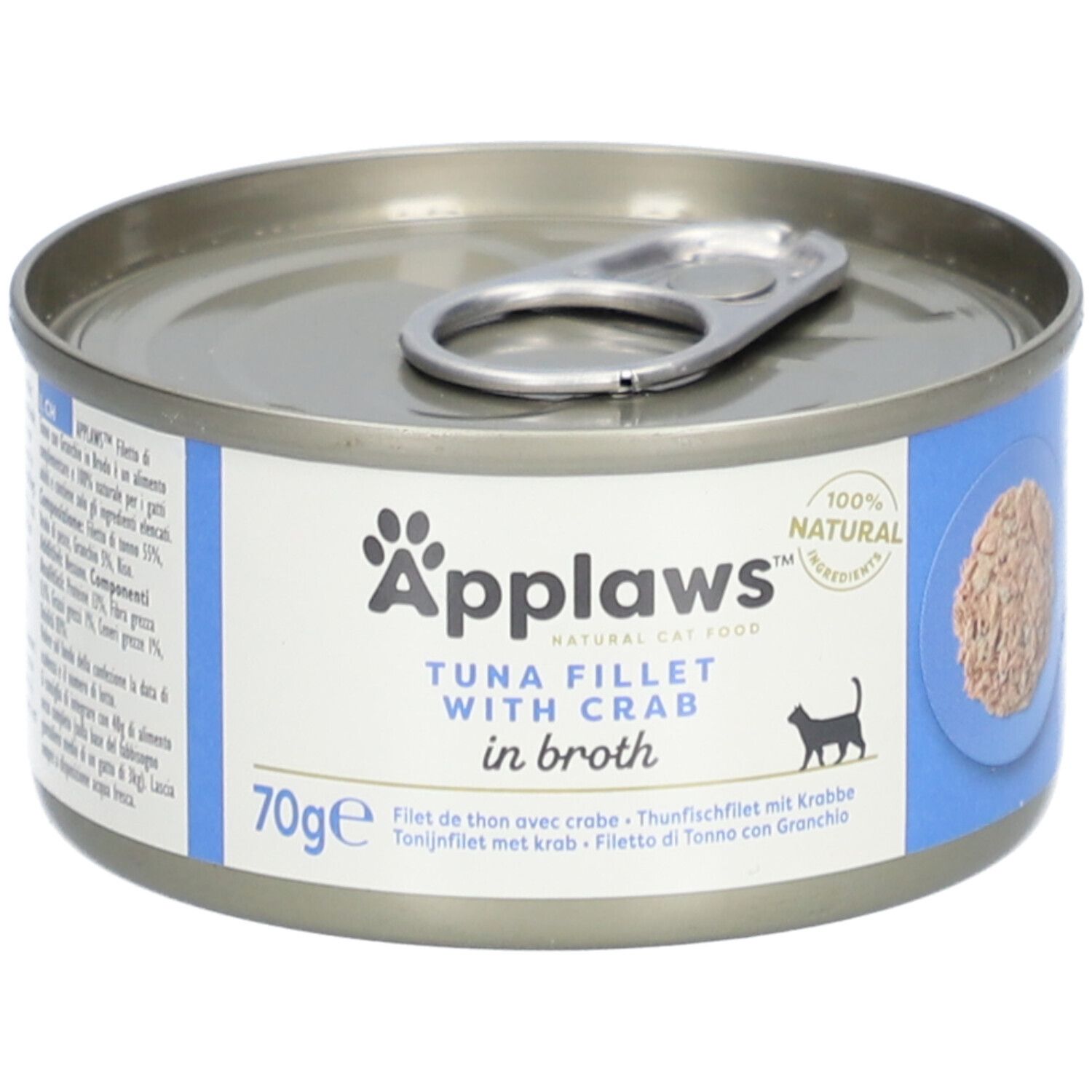 Boîte Applaws™ de filets de thon et crabe en bouillon. 70g. Étiquettes bleues et blanches. Ingrédients 100% naturels.