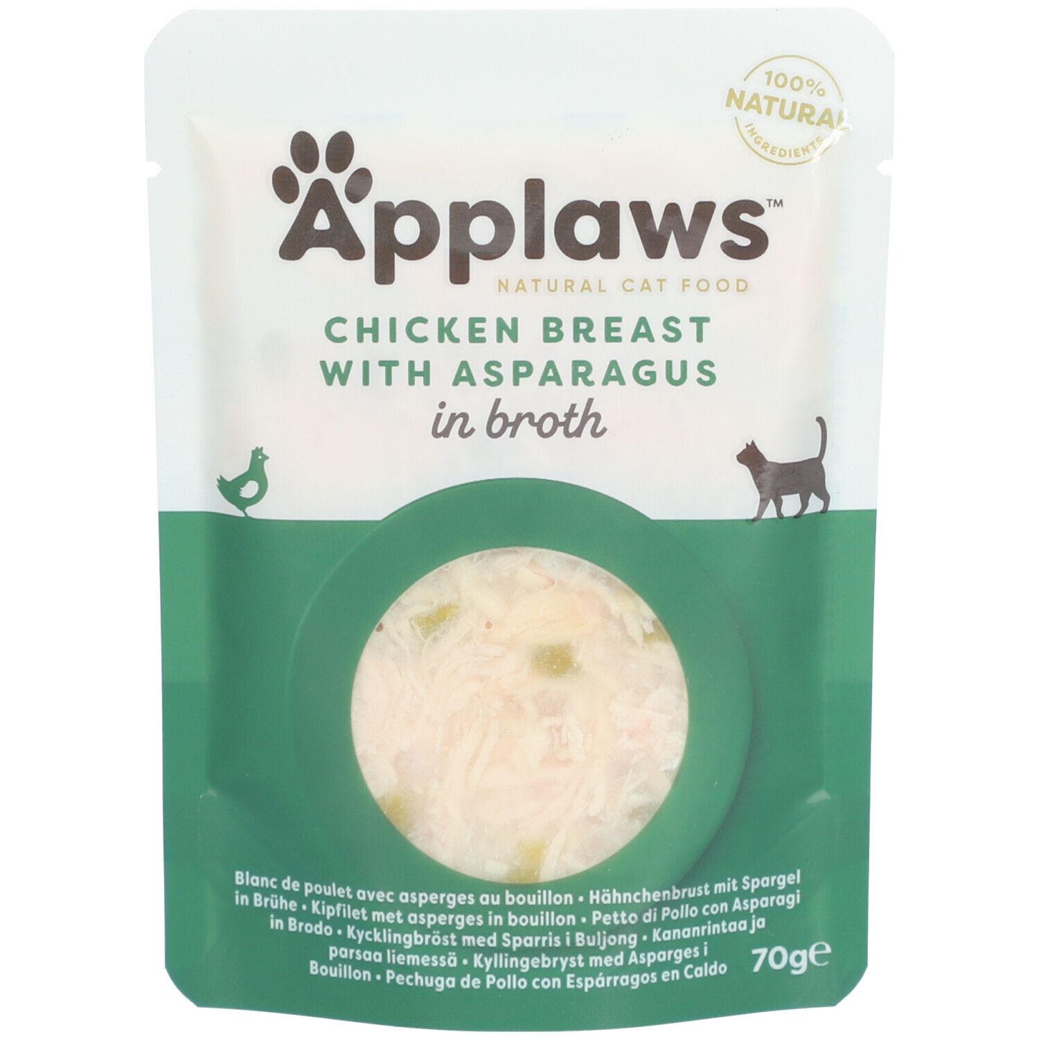 Sachet Applaws™ Hühnerbrust mit Spargel in Brühe. Visible: produit, emballage vert, texte, nourriture pour chats.