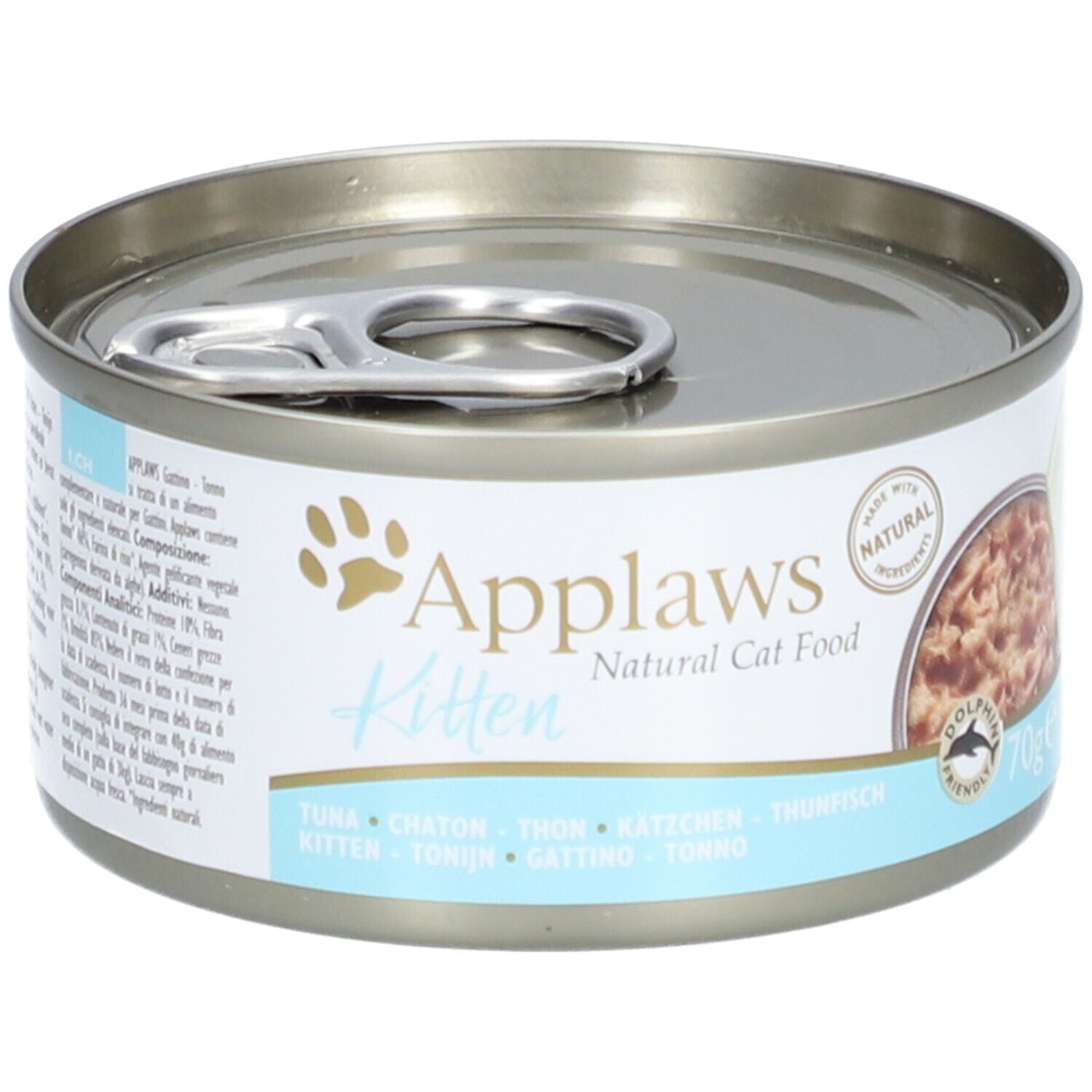 Nourriture naturelle pour chaton Applaws au thon en boîte ronde avec languette d'ouverture.