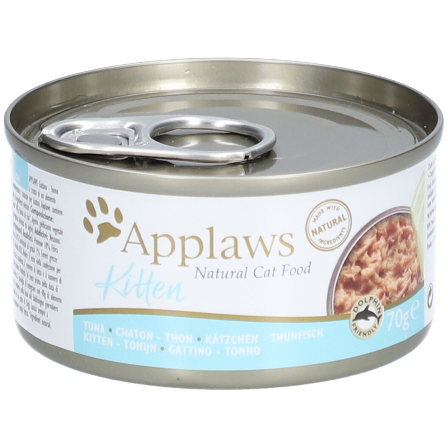Nourriture naturelle pour chaton Applaws au thon en boîte ronde avec languette d'ouverture.