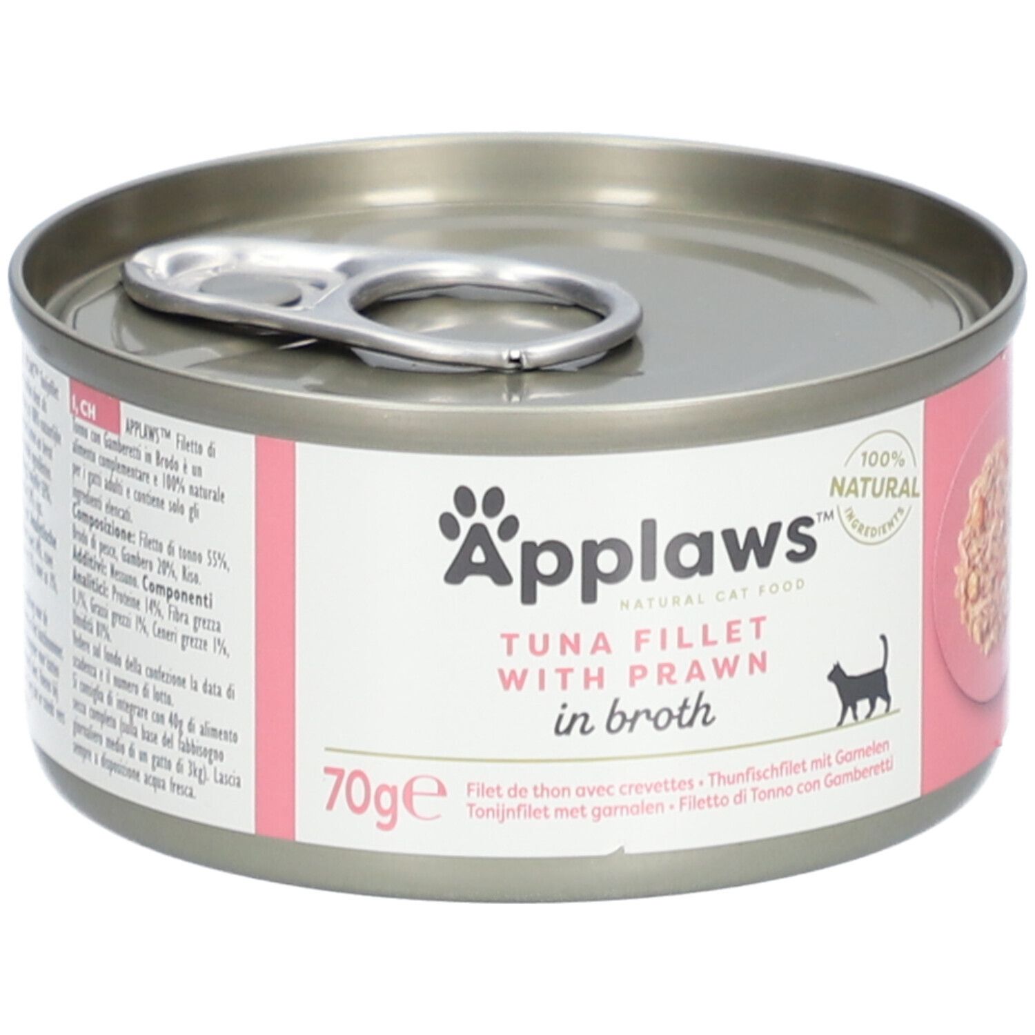Boîte Applaws™ de filet de thon et crevettes en bouillon. Étiquette rose avec nom du produit, silhouette de chat et indication 70g.