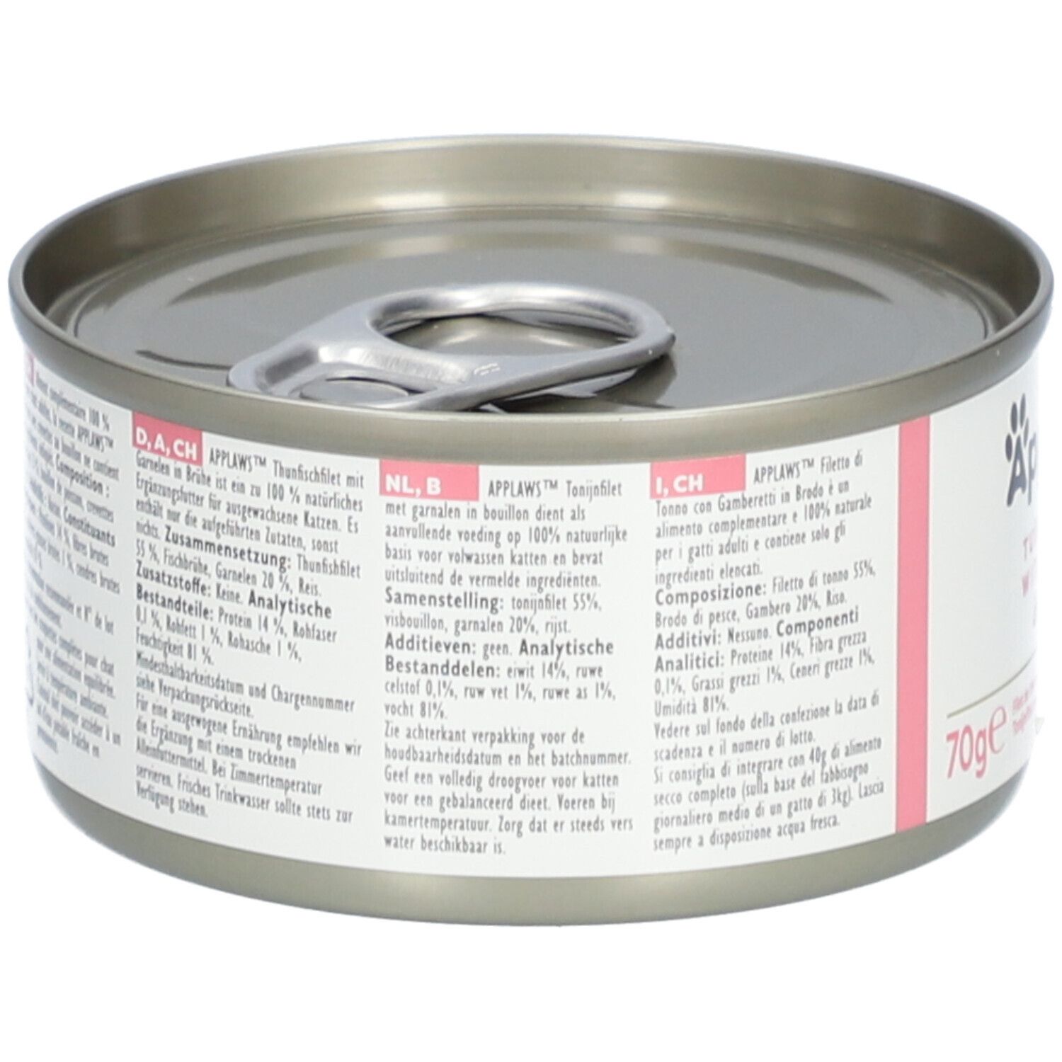Boîte Applaws™ de filet de thon et crevettes en bouillon. Détail des ingrédients et informations nutritionnelles sur l'étiquette.