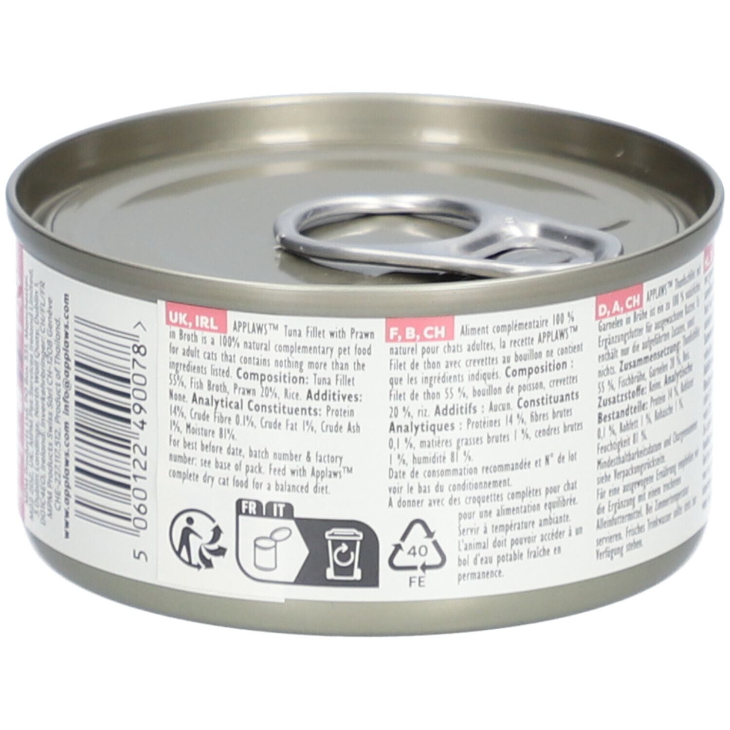 Boîte Applaws™ de filet de thon et crevettes en bouillon. Verso avec informations sur les ingrédients et recommandations d'alimentation.