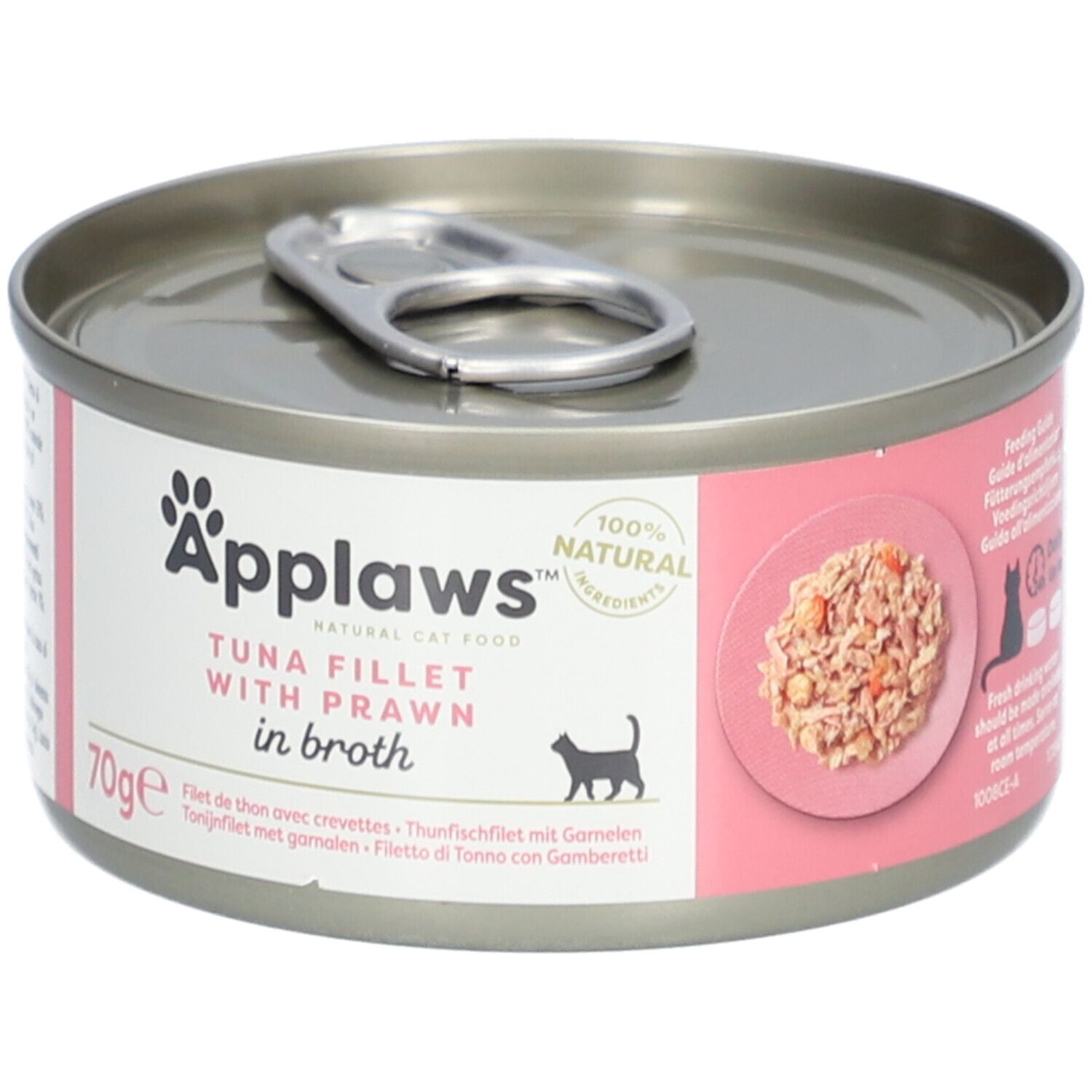 Boîte Applaws™ de filet de thon et crevettes en bouillon. Étiquette rose avec image du produit, silhouette de chat et indication 70g.