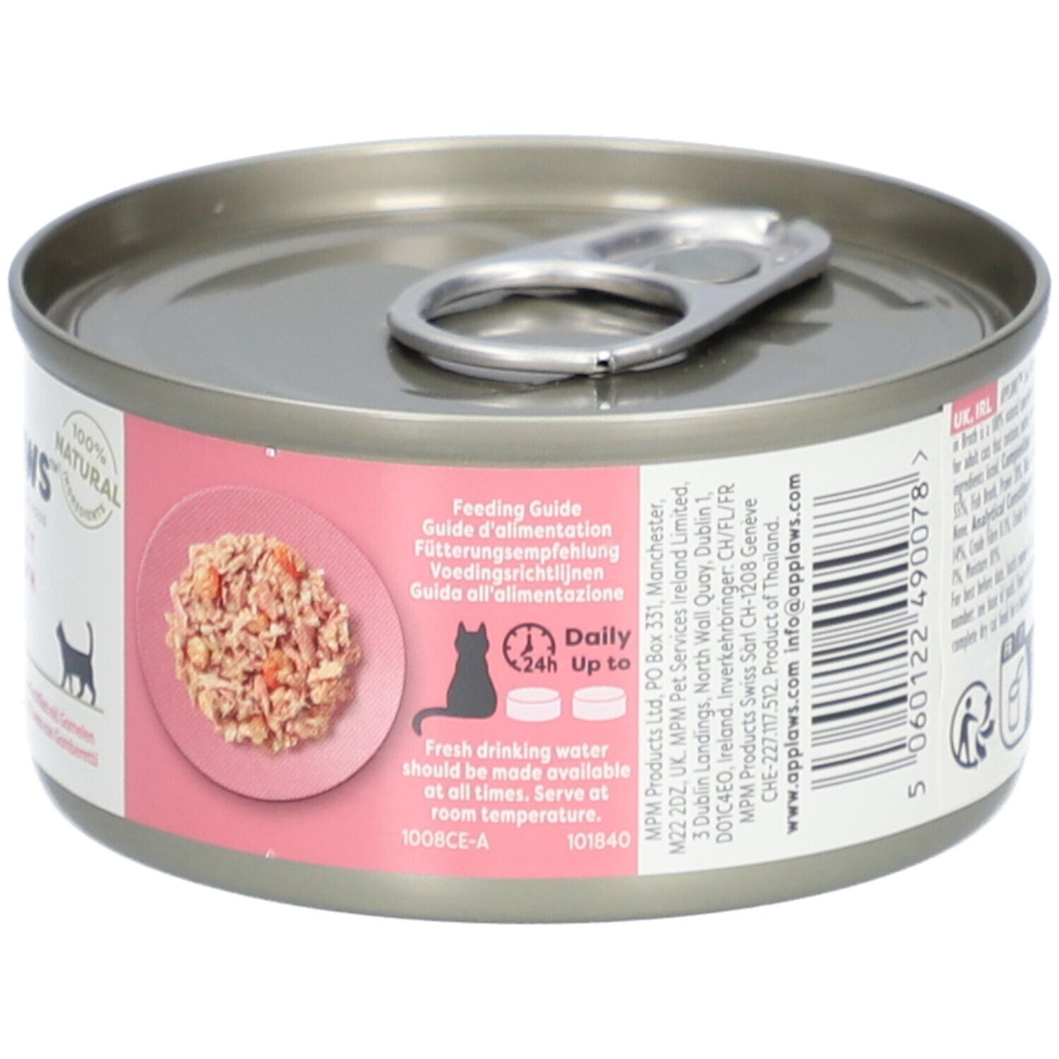 Boîte Applaws™ de filet de thon et crevettes en bouillon. Étiquette rose avec image du produit, conseils d'alimentation et silhouette de chat.