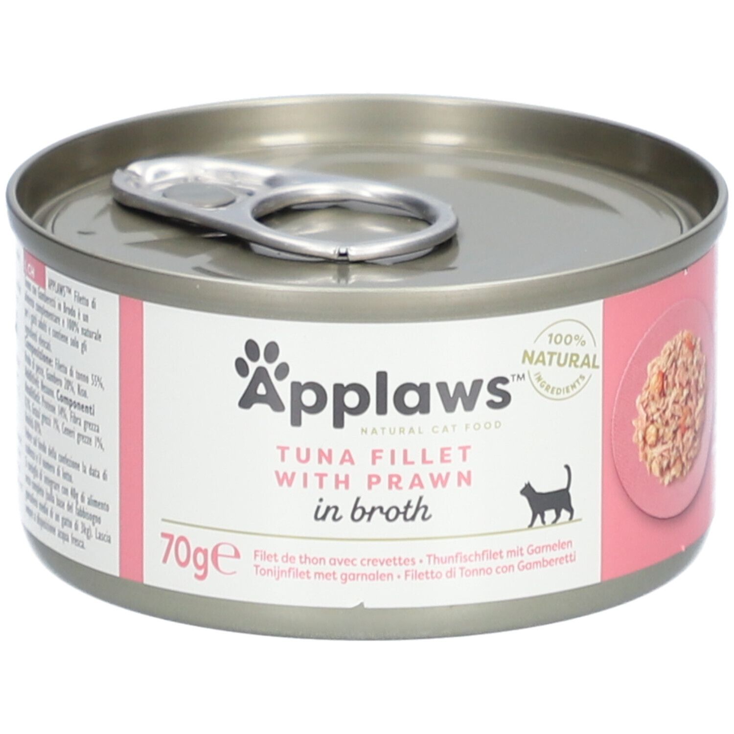 Boîte Applaws™ de filet de thon et crevettes en bouillon. Étiquette rose avec nom du produit, silhouette de chat et indication 70g.