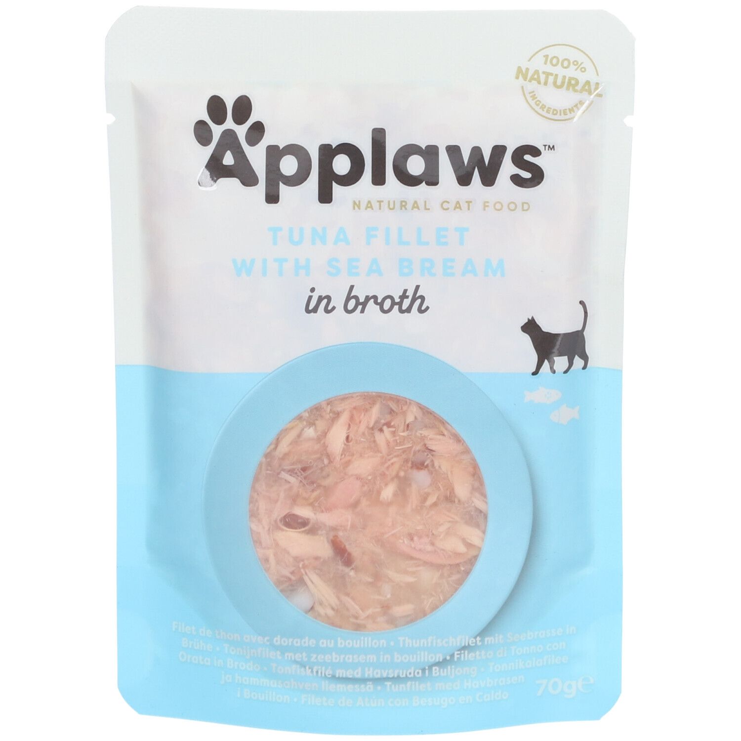Applaws Filet de thon avec brème de mer en bouillon, en sachet. Visible : produit, logo, texte, 100% naturel.