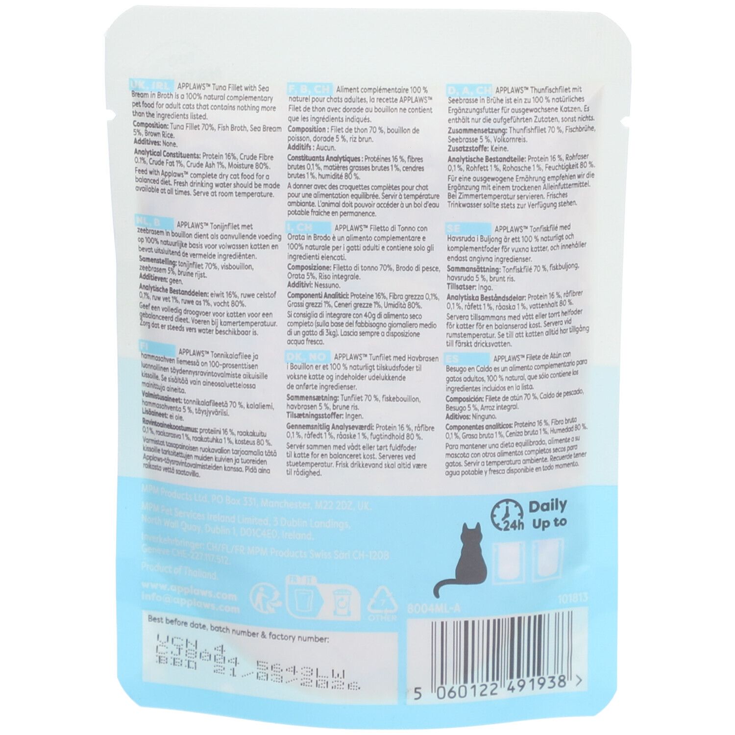 Dos du sachet Applaws Filet de thon avec brème de mer en bouillon. Texte, informations nutritionnelles, symbole chat.