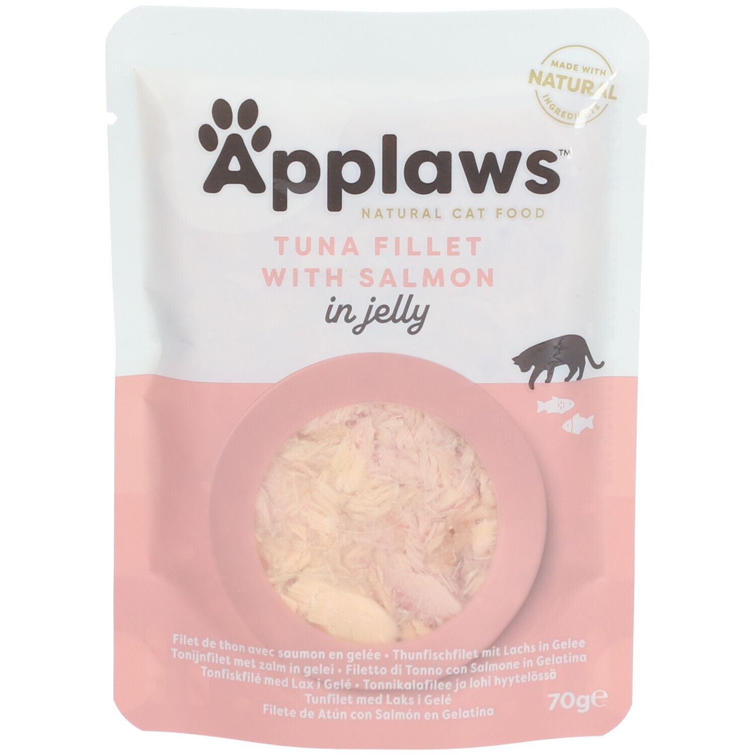 Sachet Applaws™ Thon au saumon en gelée. Emballage rose et blanc. Paquet ouvert avec morceaux de poisson.