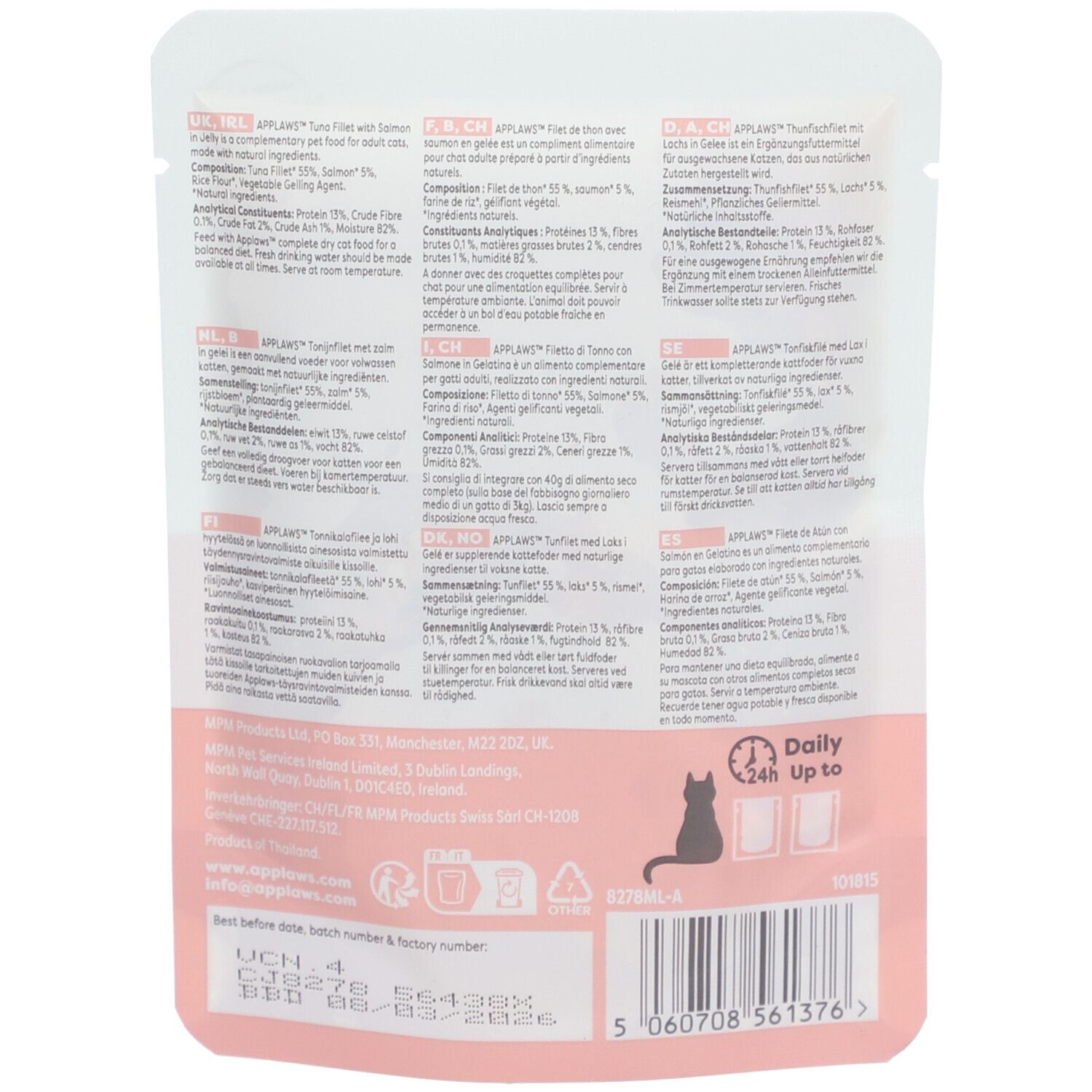 Dos du sachet Applaws™ Thon au saumon en gelée. Texte multilingue. Silhouette de chat noir.