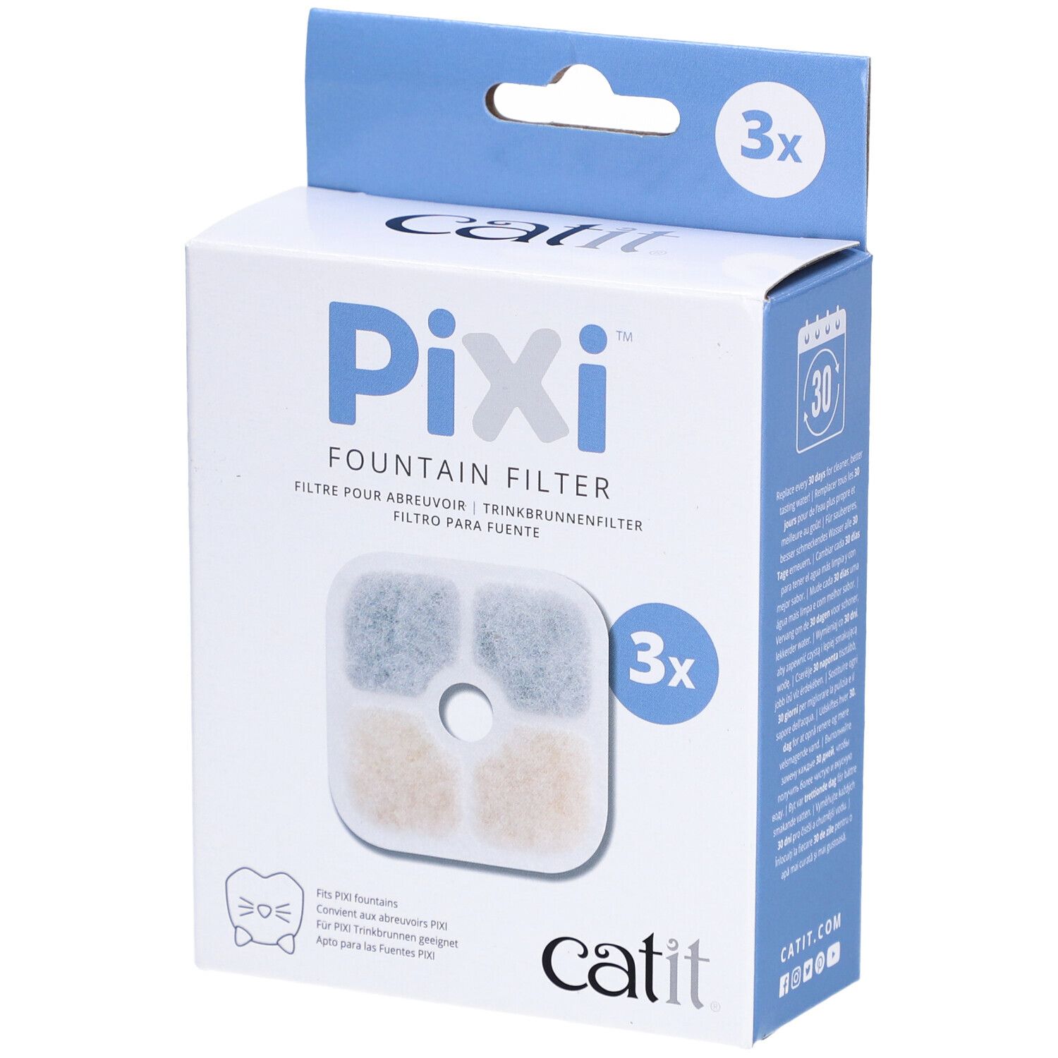 Boîte de 3 filtres pour fontaine. Inscription: Pixi Fountain Filter, logo Catit. Filtre avec 4 zones colorées.