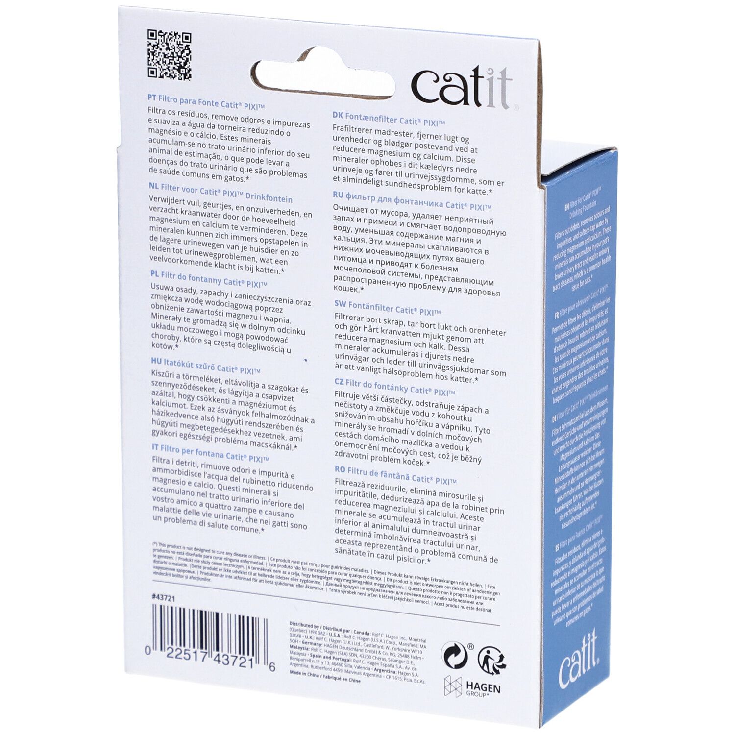 Dos de l'emballage du filtre. Texte multilingue. Logo Catit. Code QR. Informations sur la fonction du filtre.