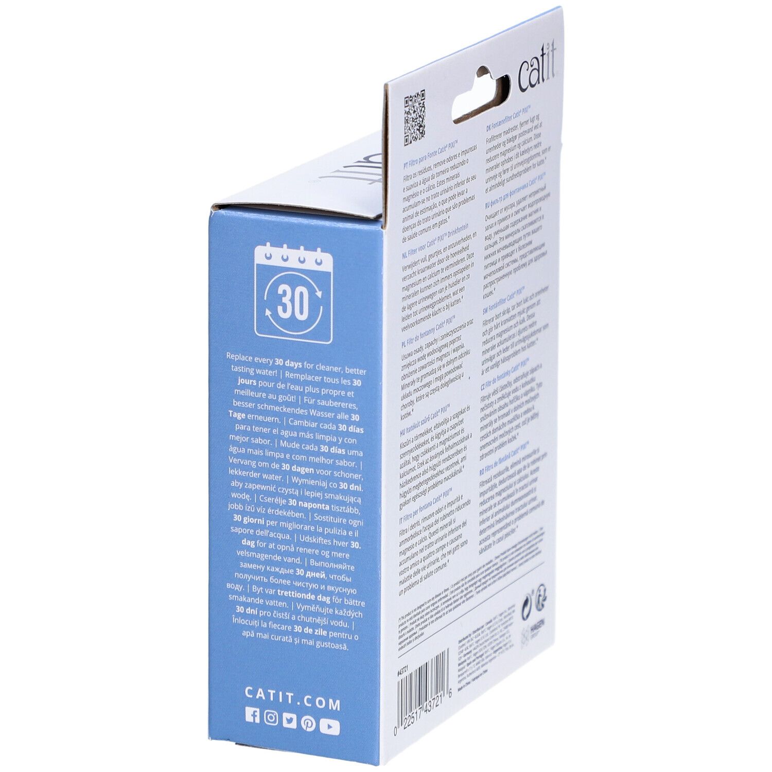 Emballage de 3 filtres. Inscription: Remplacer tous les 30 jours. Logo Catit. Texte multilingue. Code QR.