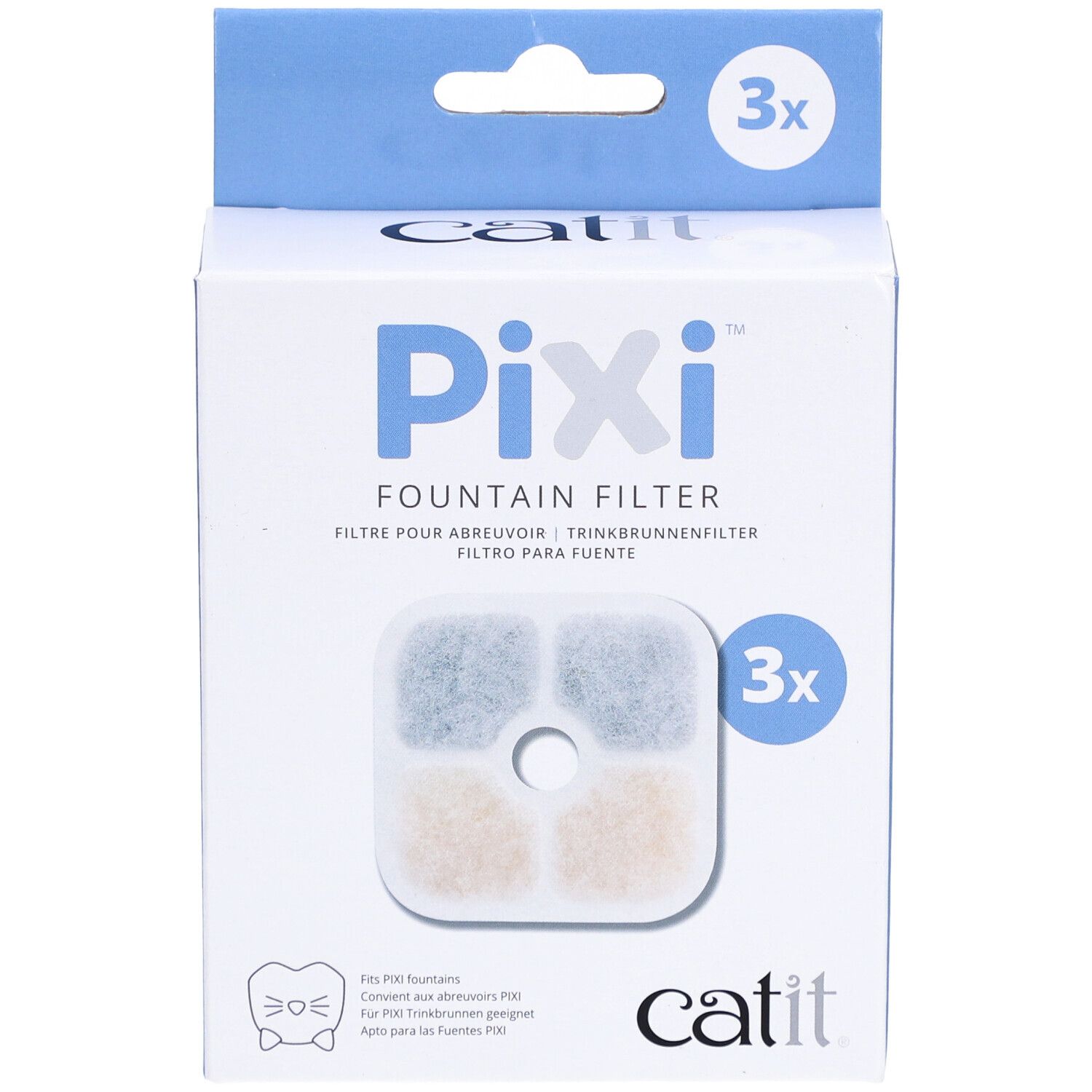 Boîte de 3 filtres pour fontaine. Inscription: Pixi Fountain Filter, logo Catit. Filtre avec 4 zones colorées.