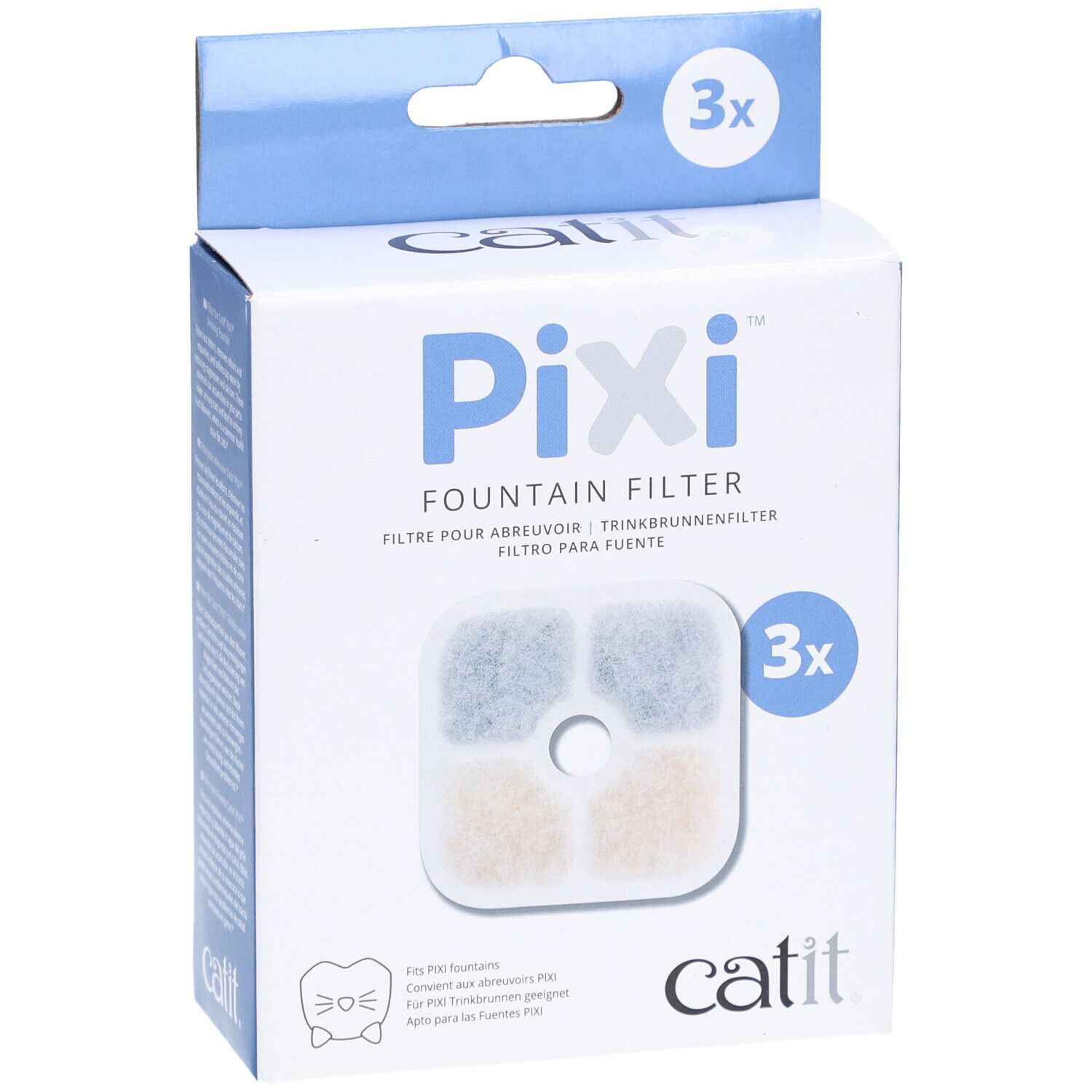Boîte de 3 filtres pour fontaine. Inscription: Pixi Fountain Filter, logo Catit. Filtre avec 4 zones colorées.