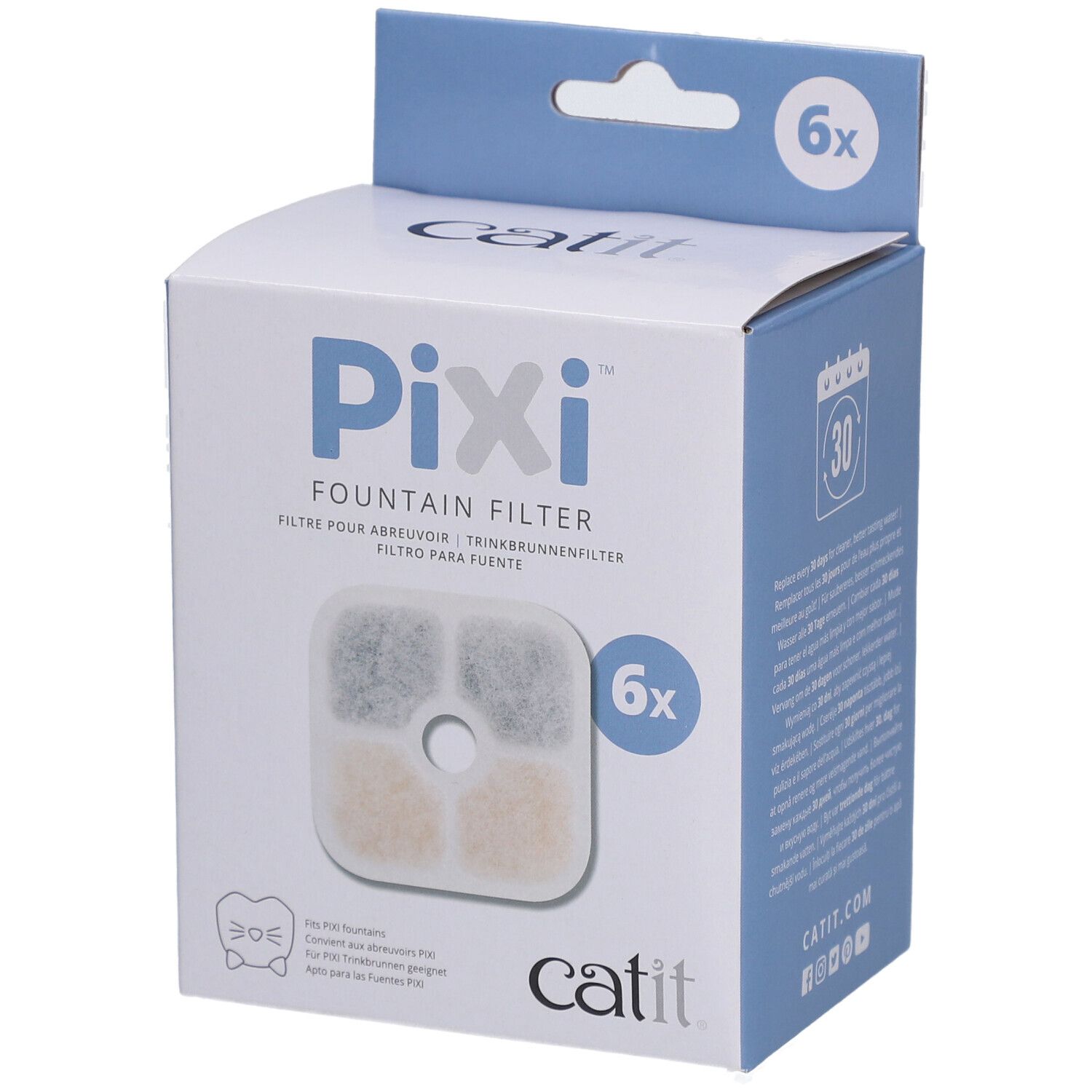 Boîte de 6 filtres pour fontaine Catit PIXI. Filtres avec éléments carrés. Marque Catit.