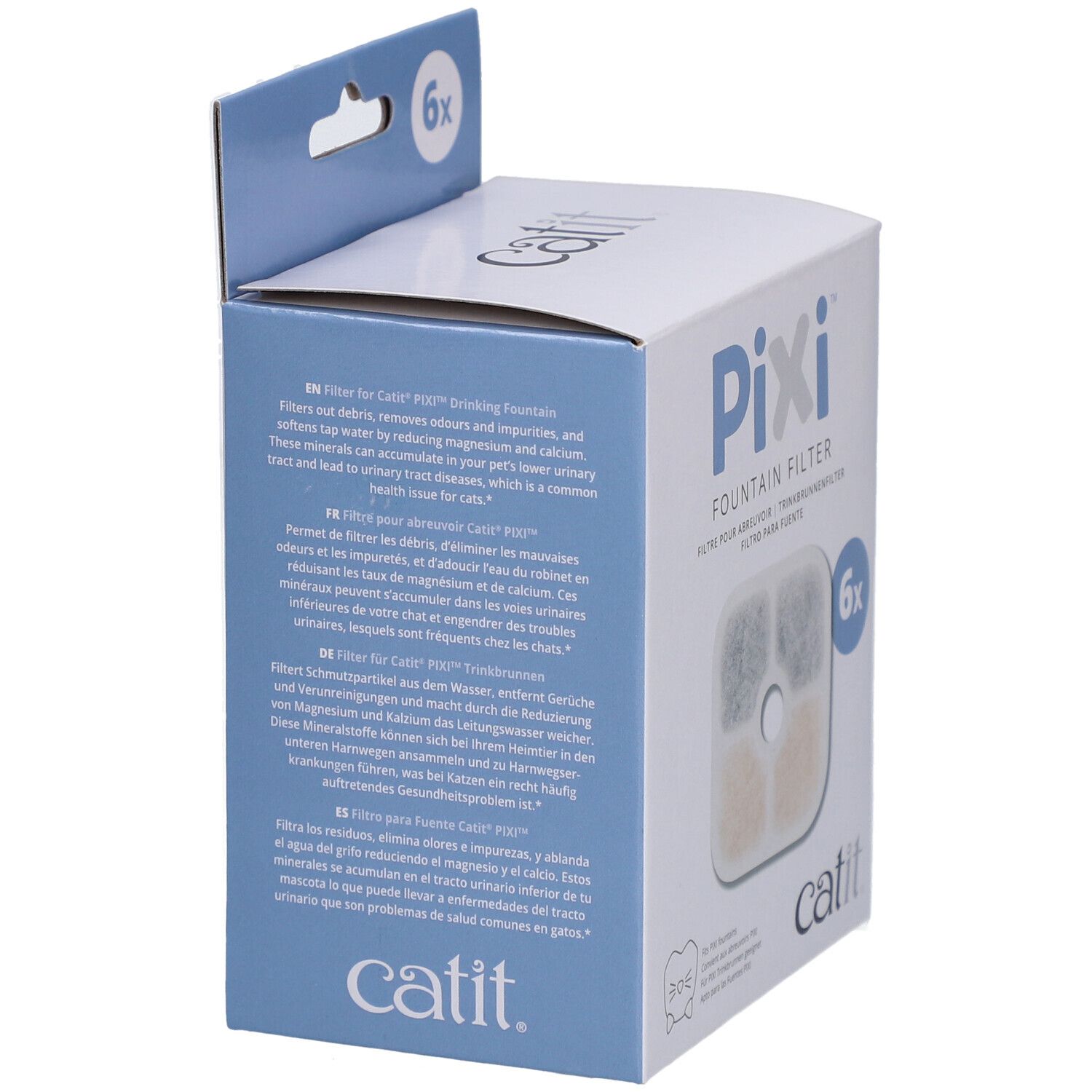 Boîte de 6 filtres pour fontaine Catit PIXI. Texte multilingue. Marque Catit.