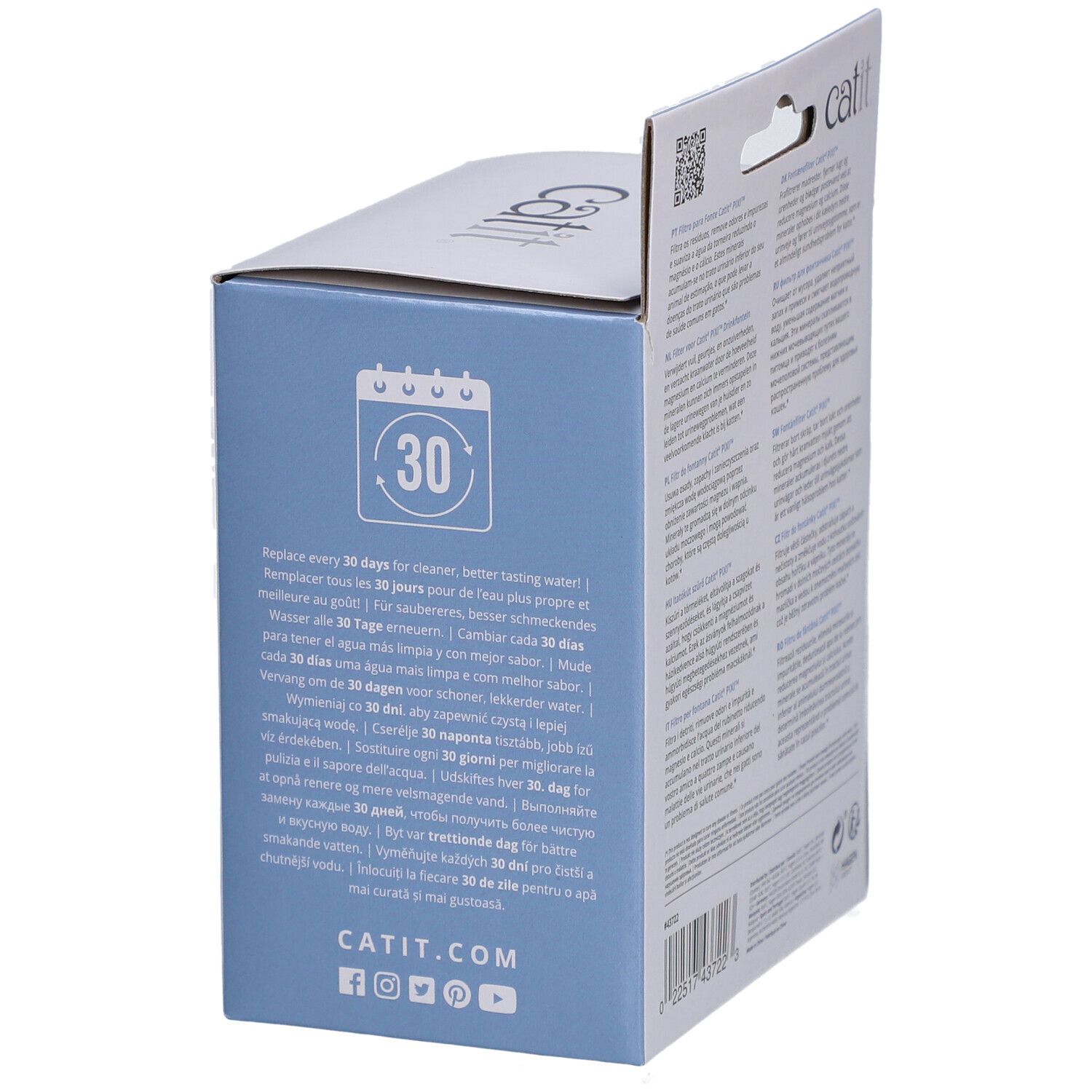 Boîte avec texte sur le remplacement du filtre tous les 30 jours. Marque Catit. Adresse du site web.