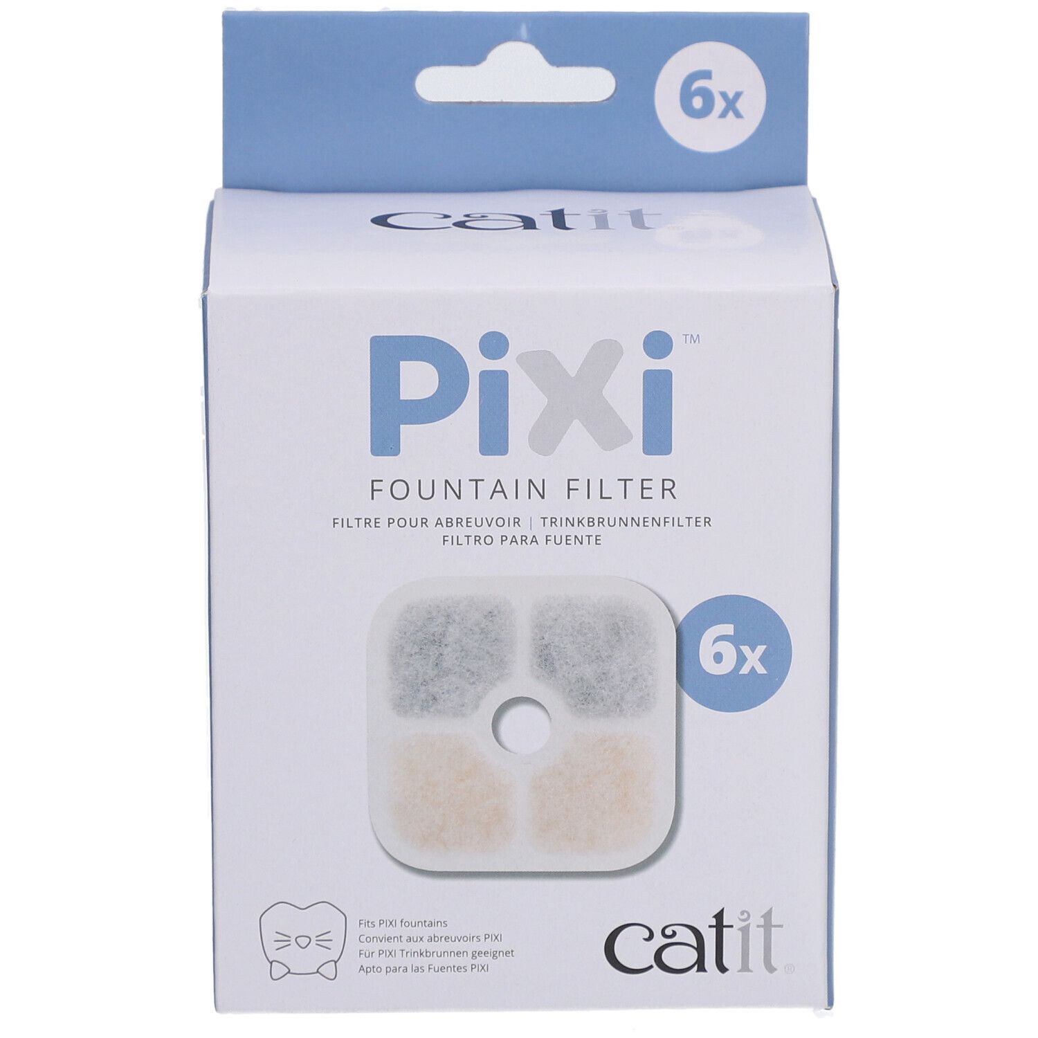 Boîte de 6 filtres pour fontaine Catit PIXI. Filtres avec éléments carrés. Marque Catit.