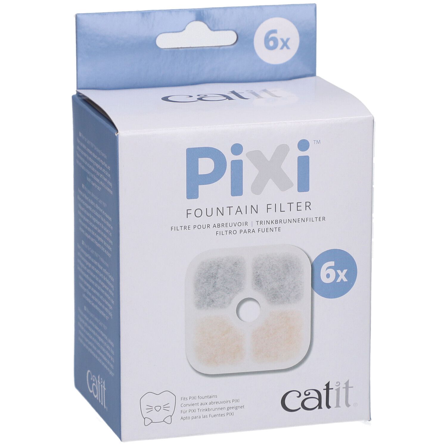 Boîte de 6 filtres pour fontaine Catit PIXI. Filtres avec éléments carrés. Marque Catit.