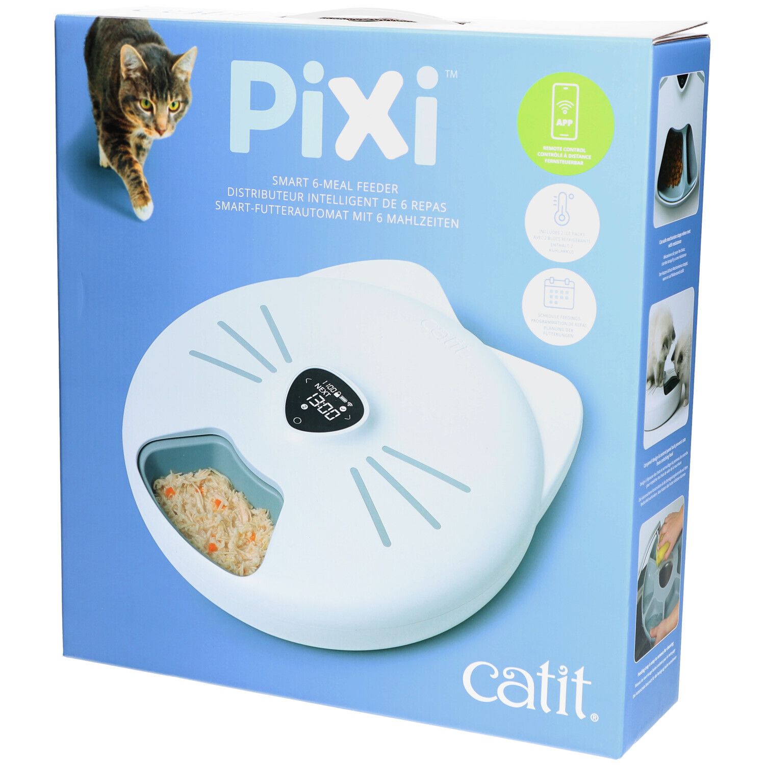 Emballage du distributeur intelligent de repas Catit PIXI. Appareil blanc en forme de chat, compartiment à nourriture, écran. Texte: PIXI, Catit.