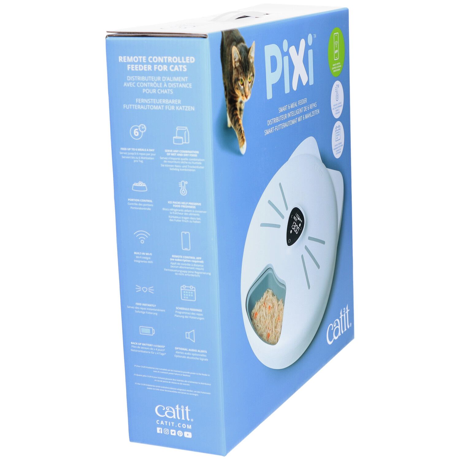 Emballage du distributeur intelligent de repas Catit PIXI. Vue latérale. Appareil blanc en forme de chat. Texte: PIXI, Catit.