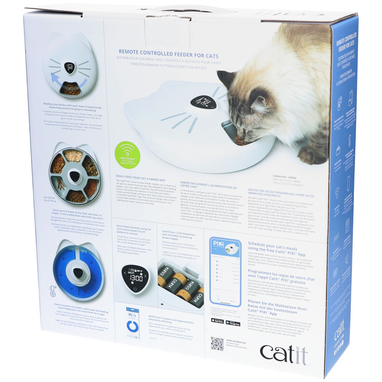 Dos de l'emballage du distributeur intelligent de repas Catit PIXI. Images du produit, texte, informations sur l'application. Texte: PIXI, Catit.