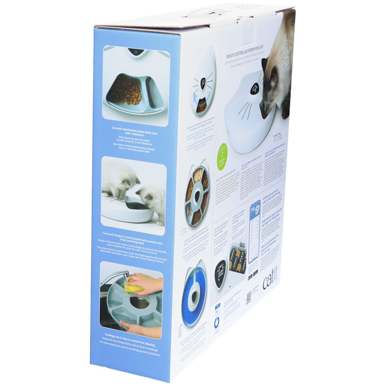 Emballage du distributeur intelligent de repas Catit PIXI. Vue latérale avec images du produit et texte. Texte: PIXI, Catit.