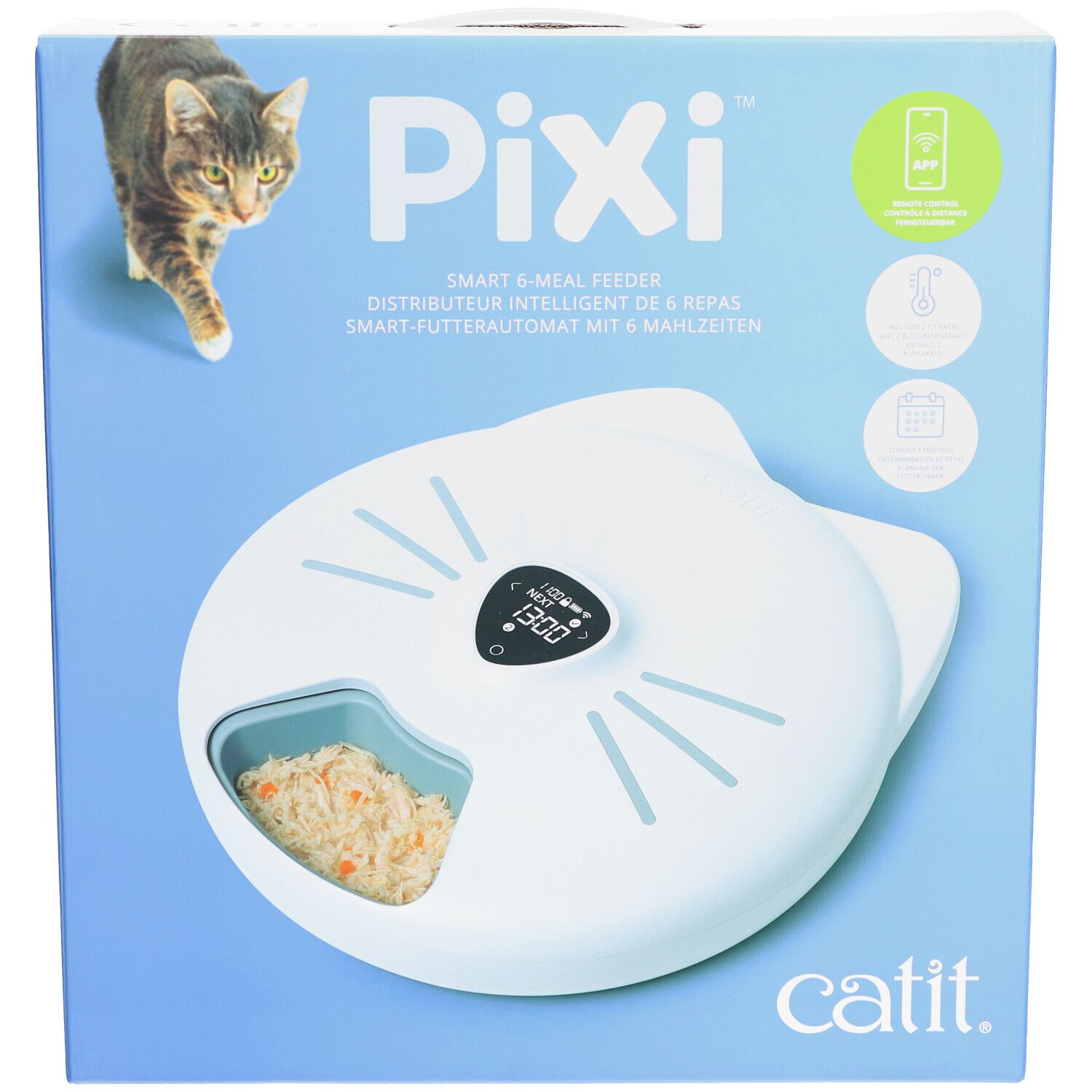 Emballage du distributeur intelligent de repas Catit PIXI. Appareil blanc en forme de chat, compartiment à nourriture, écran. Texte: PIXI, Catit.