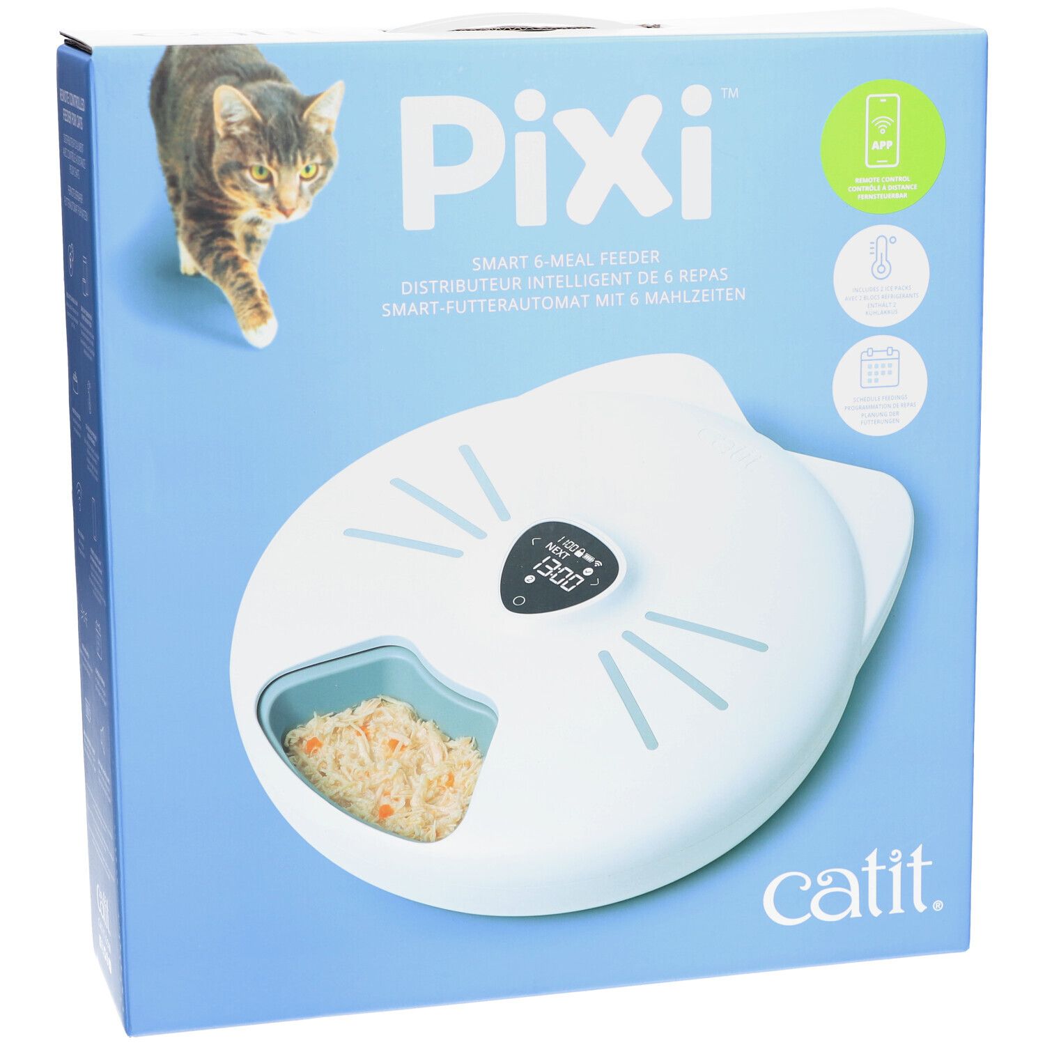 Emballage du distributeur intelligent de repas Catit PIXI. Appareil blanc en forme de chat, compartiment à nourriture, écran. Texte: PIXI, Catit.