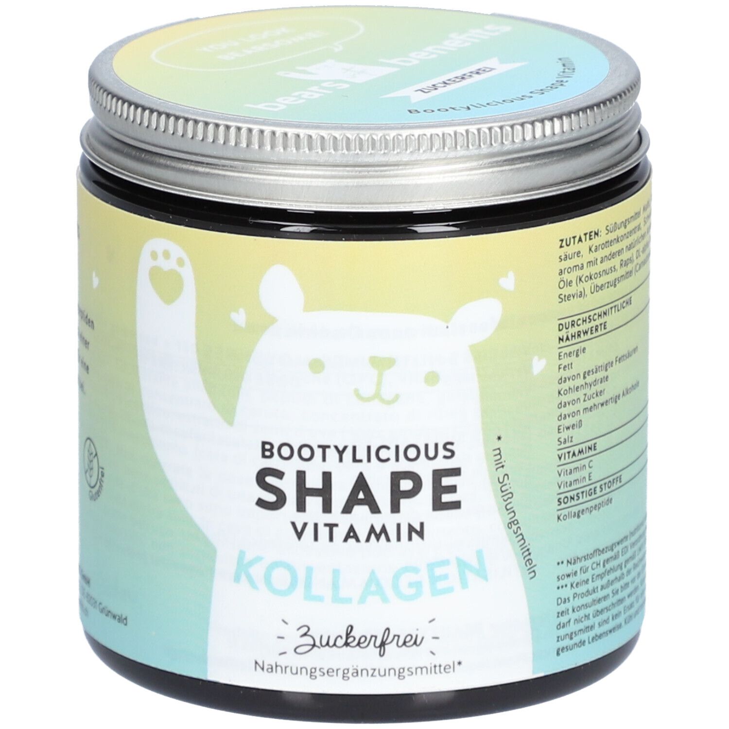 Pot rond avec couvercle à vis. Inscription : Bootylicious Shape Vitamin Kollagen, sans sucre. Illustration d'ours.