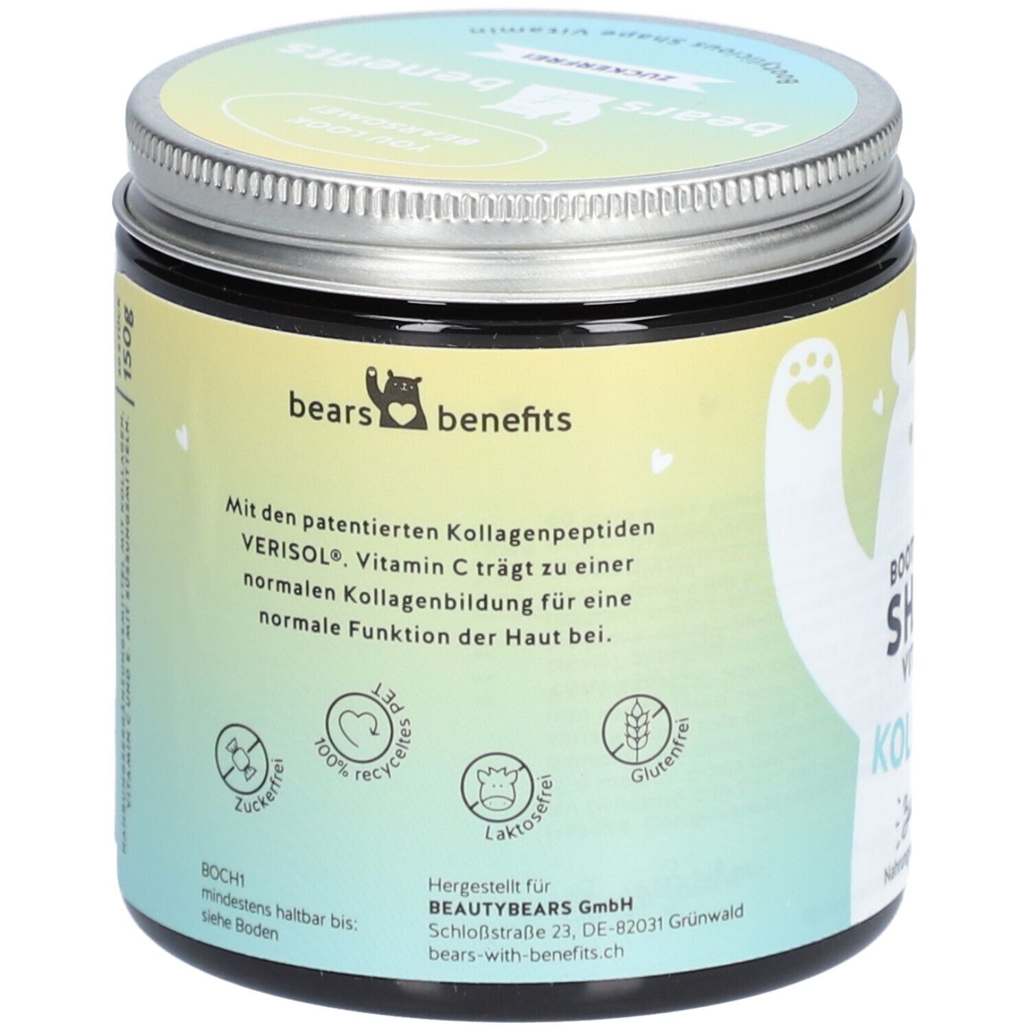 Dos du pot. Texte : Avec peptides de collagène brevetés VERISOL. Logos : sans sucre, recyclé, sans lactose, sans gluten.