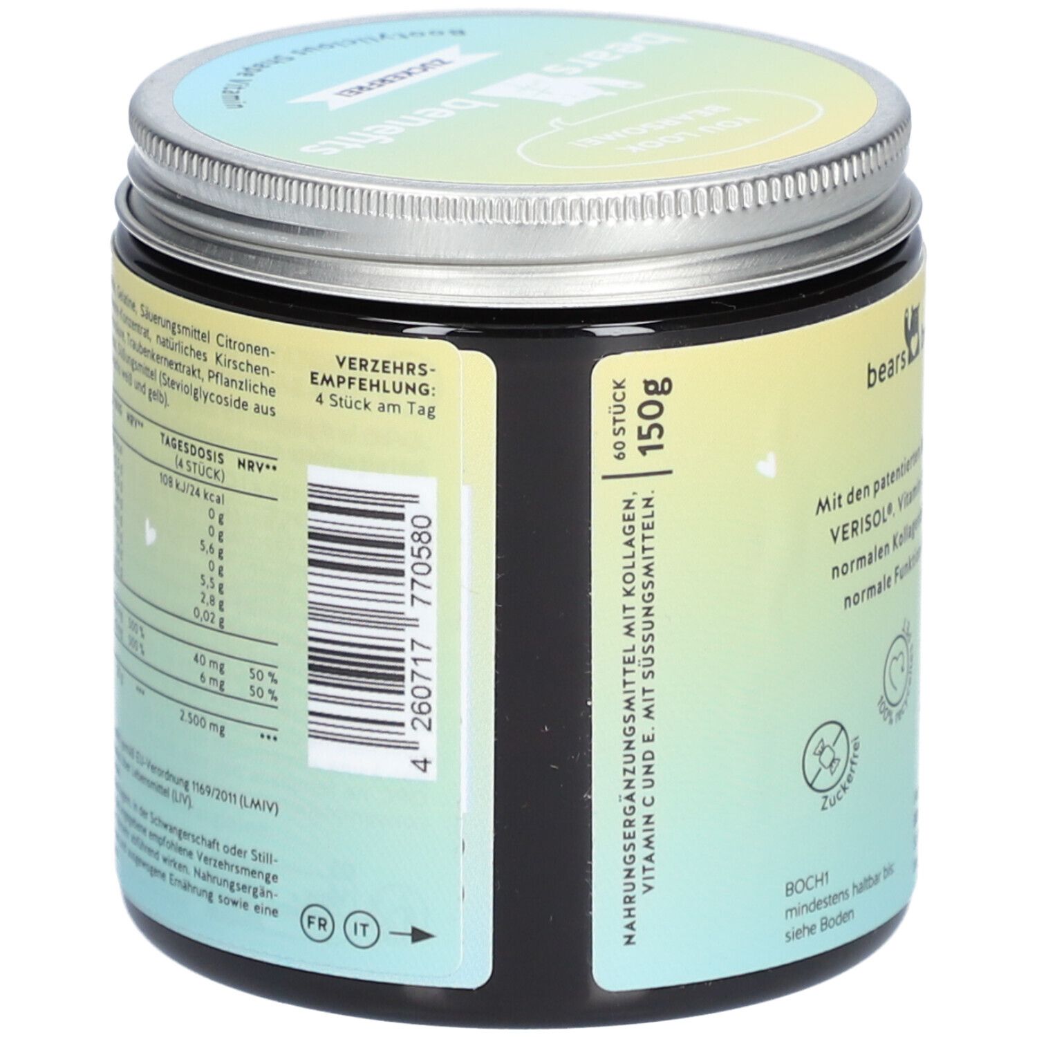 Pot avec texte : Informations nutritionnelles, recommandation de consommation : 4 pièces par jour. 60 pièces, 150g. Fabricant : BEAUTYBEARS GmbH.