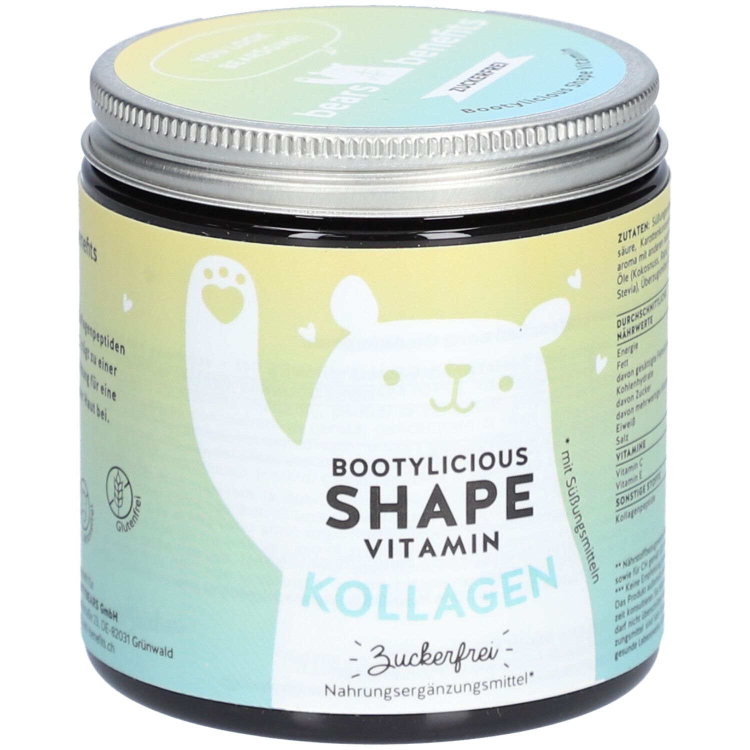 Pot rond avec couvercle à vis. Inscription : Bootylicious Shape Vitamin Kollagen, sans sucre. Illustration d'ours.