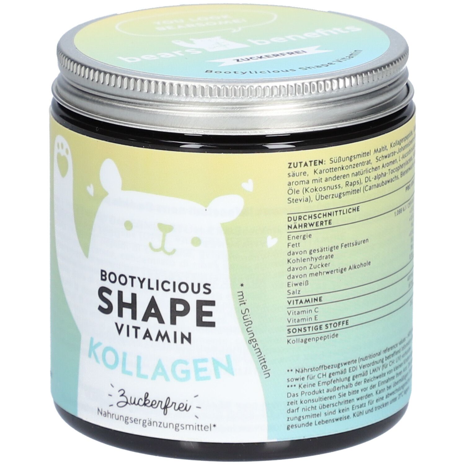 Pot rond avec couvercle à vis. Inscription : Bootylicious Shape Vitamin Kollagen, sans sucre. Illustration d'ours.