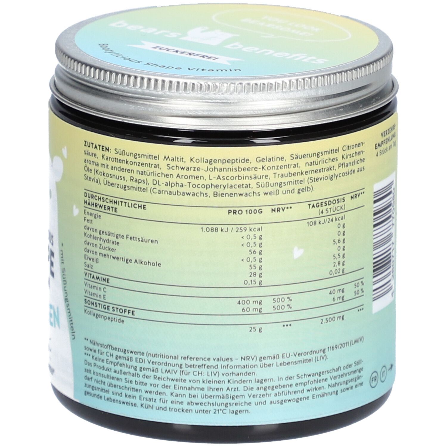 Dos du pot. Texte : Informations nutritionnelles pour 100g et dose quotidienne. Ingrédients. Fabricant : BEAUTYBEARS GmbH.
