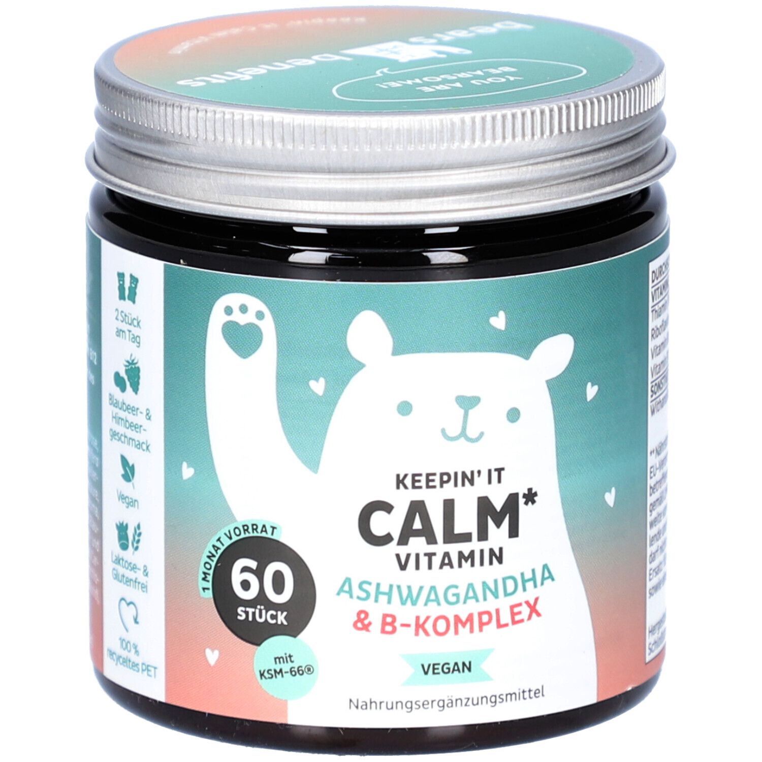 Pot en verre foncé avec couvercle argenté. Inscription : Keepin' It Calm Vitamin Ashwagandha & B-Komplex. 60 pièces. Vegan.