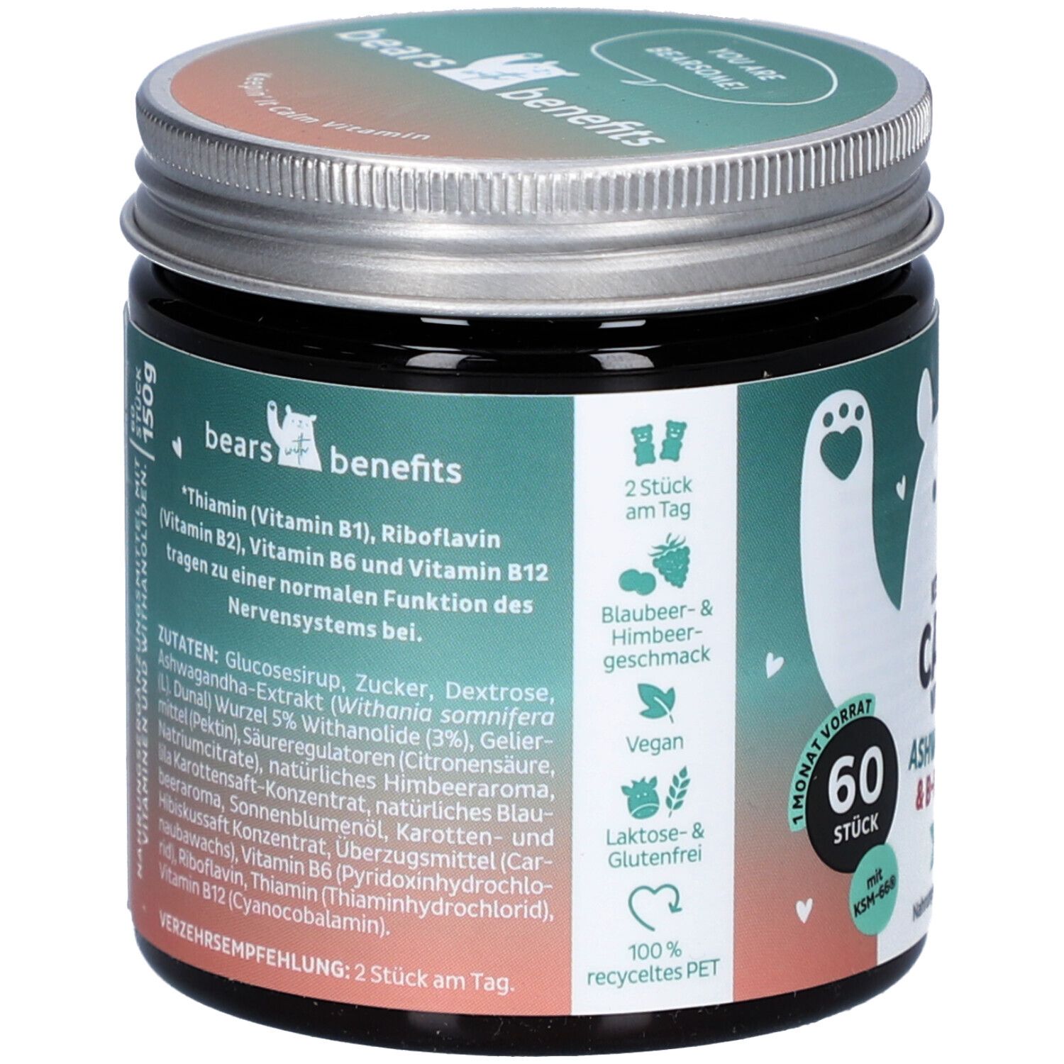 Dos du pot. Contient des informations sur les ingrédients, les recommandations de consommation et les valeurs nutritionnelles. 60 pièces. Vegan.