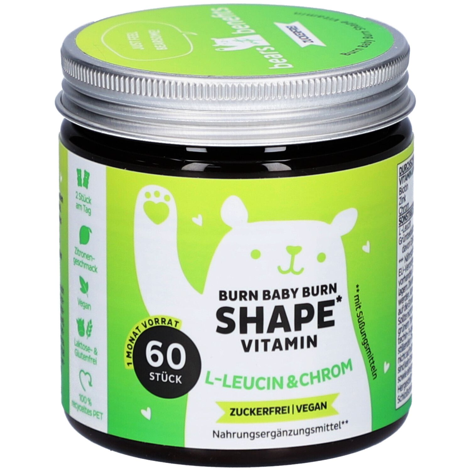 Pot "Burn Baby Burn Shape Vitamin". Étiquette verte, couvercle argenté. 60 pièces. L-Leucine & Chrome. Vegan.