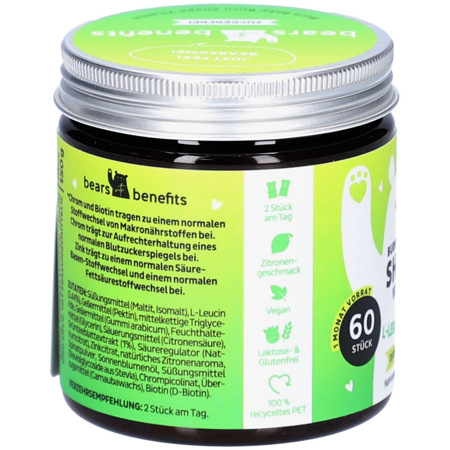 Dos du pot "Burn Baby Burn Shape Vitamin". Ingrédients, informations nutritionnelles. Étiquette verte, couvercle argenté.