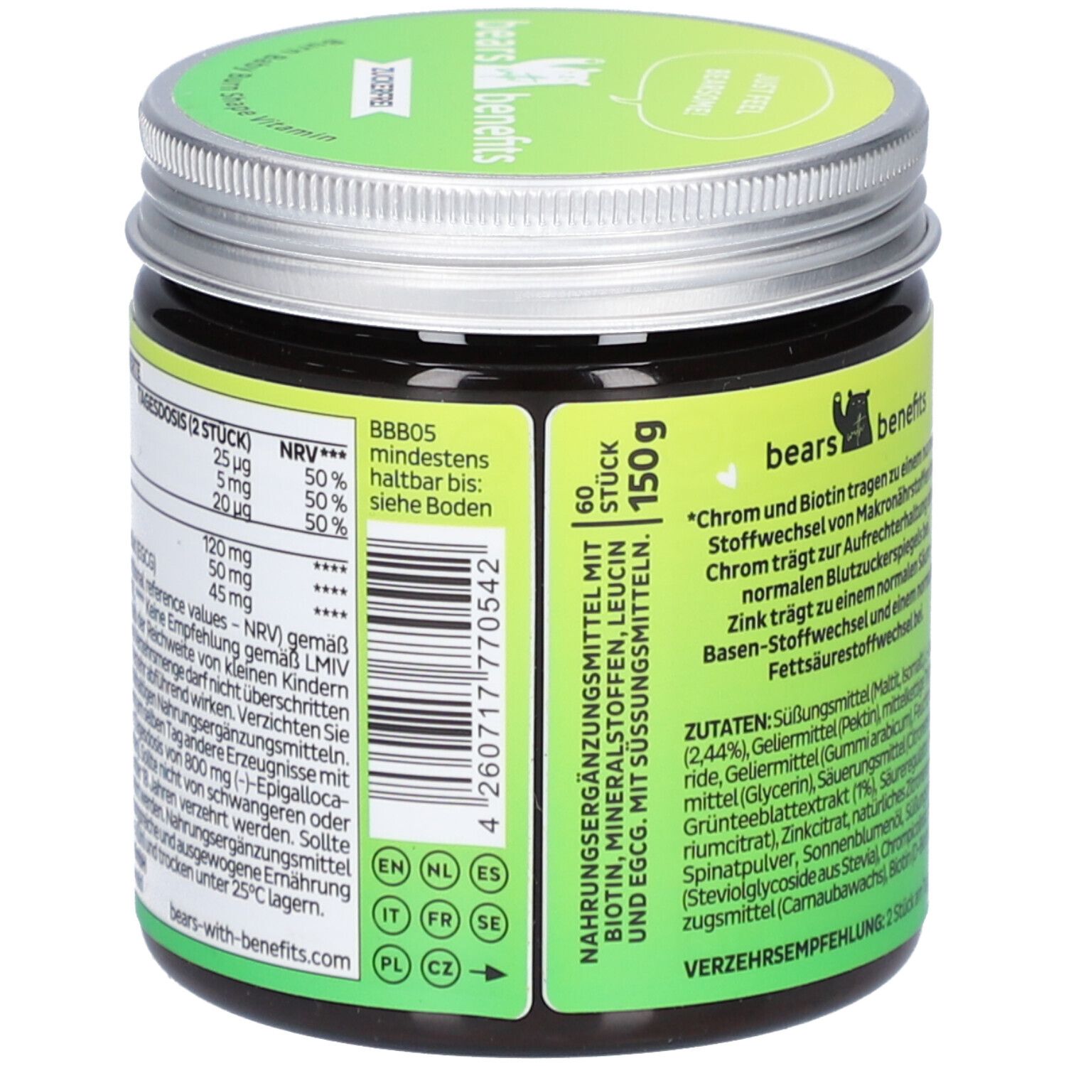 Dos du pot "Burn Baby Burn Shape Vitamin". Informations nutritionnelles, ingrédients. Étiquette verte, couvercle argenté.