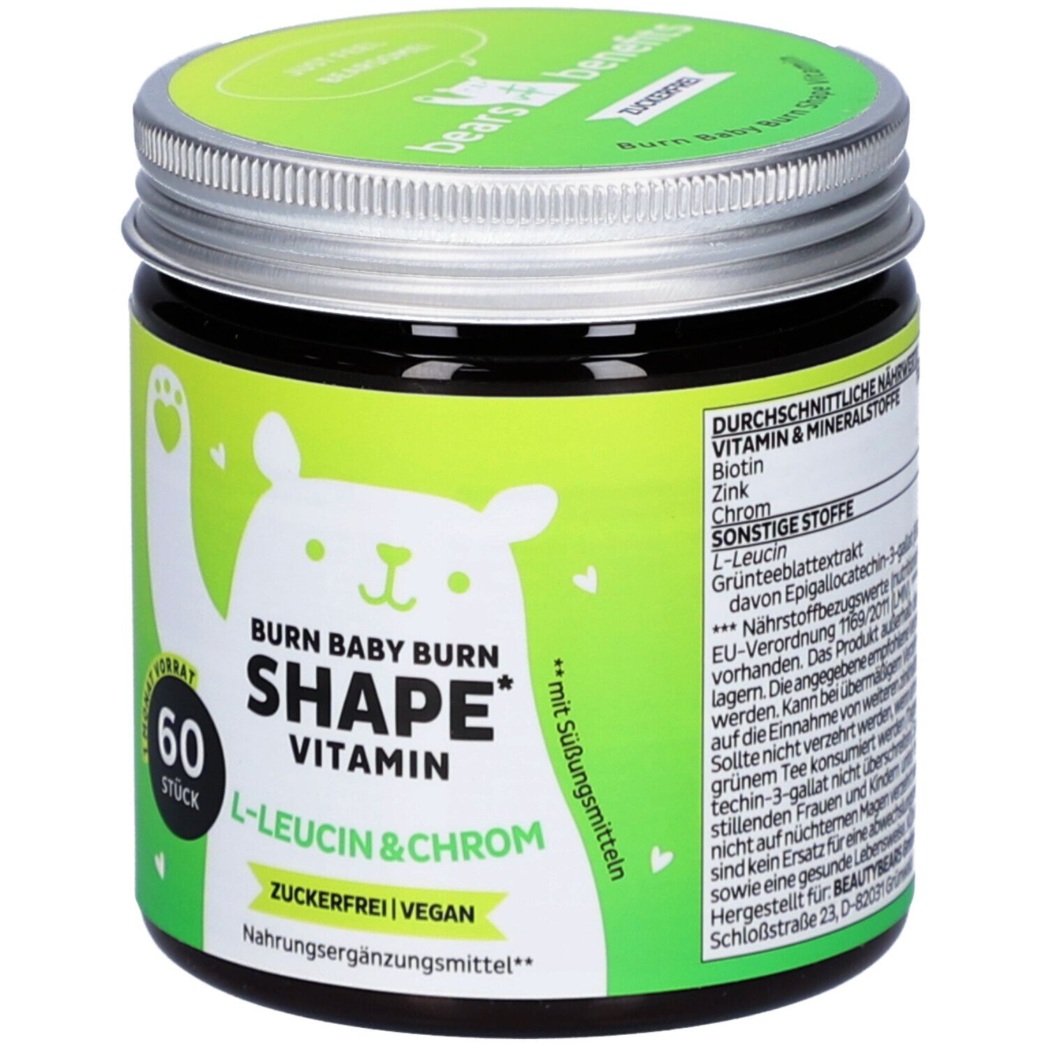 Pot "Burn Baby Burn Shape Vitamin". Étiquette verte, couvercle argenté. 60 pièces. L-Leucine & Chrome. Vegan.